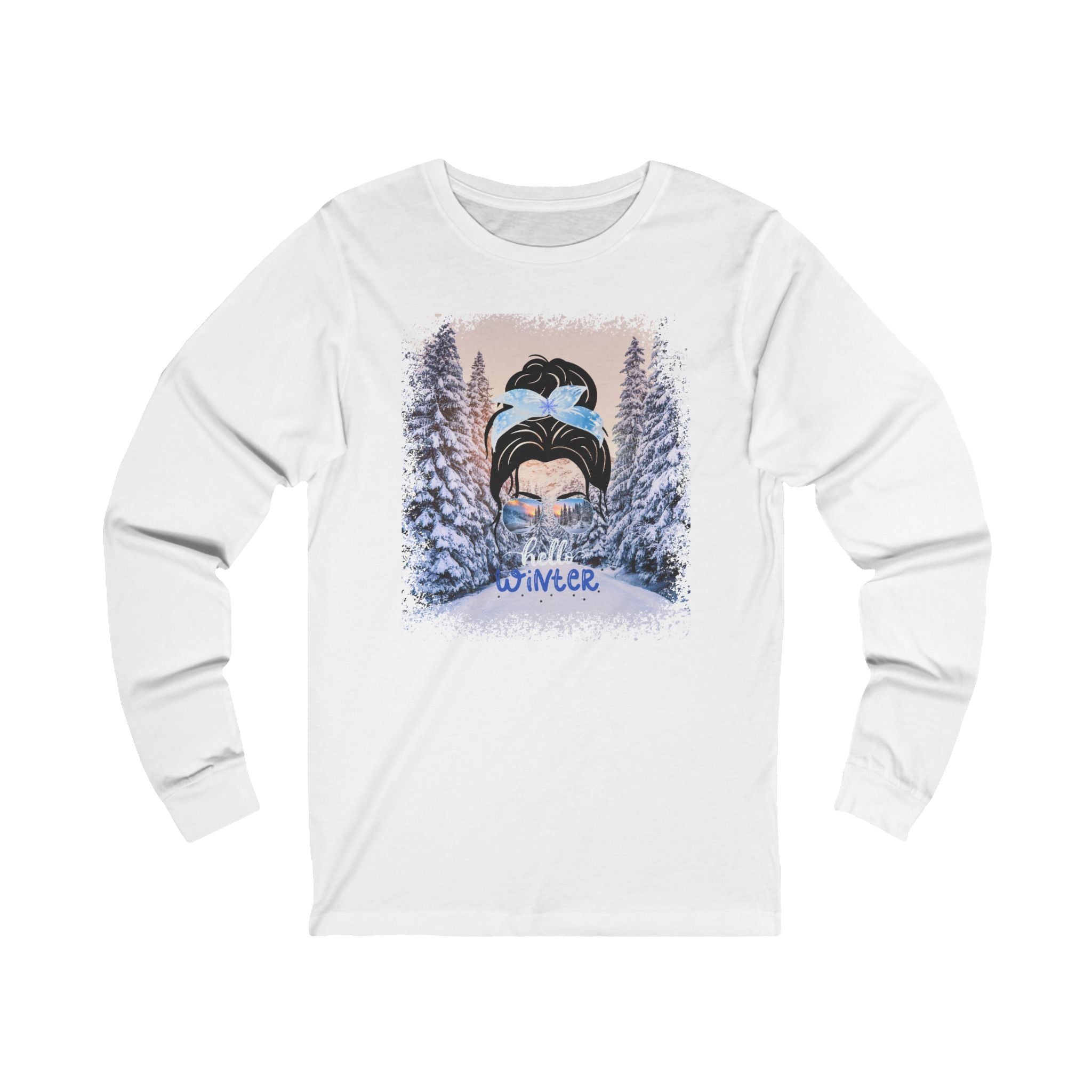 Hello Winter, Winter Trail, Dark Hair Messy Bun, Unisex Jersey Long Sleeve Tee