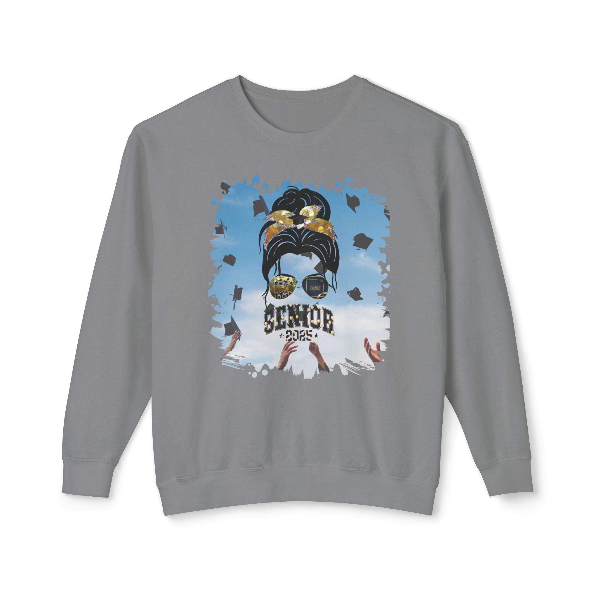 Senior 2025 Balloons, Celebration, Dark Hair Messy Bun, Unisex Lightweight Crewneck Sweatshirt