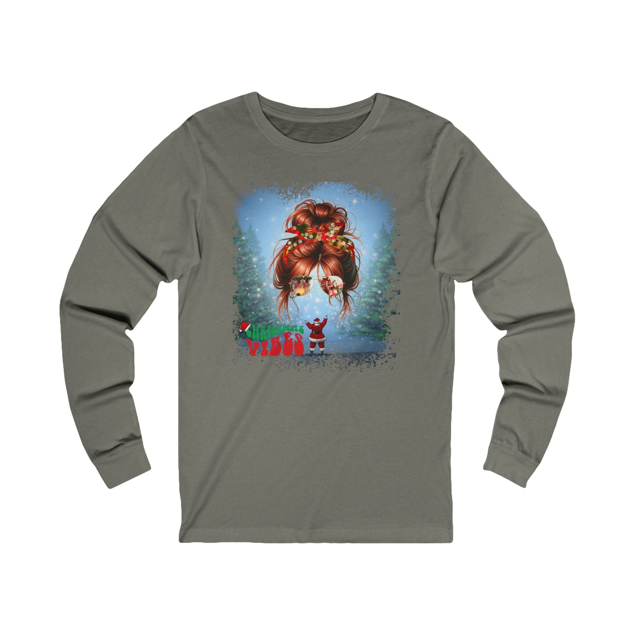 Christmas Vibes Santa, Red Hair Messy Bun, Unisex Jersey Long Sleeve Tee