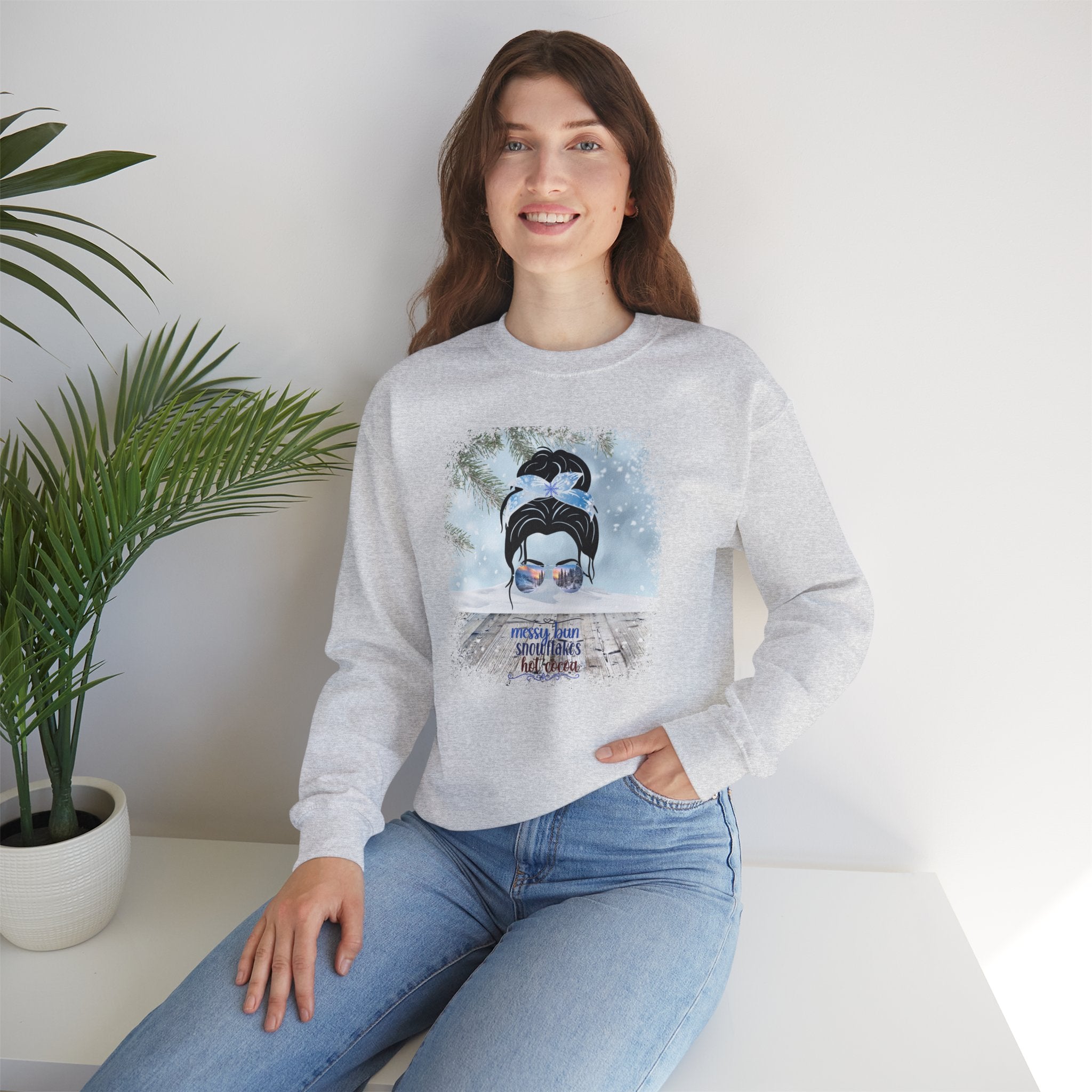 Messy Bun Snowy Porch, Dark Hair Messy Bun, Unisex Heavy Blend™ Crewneck Sweatshirt