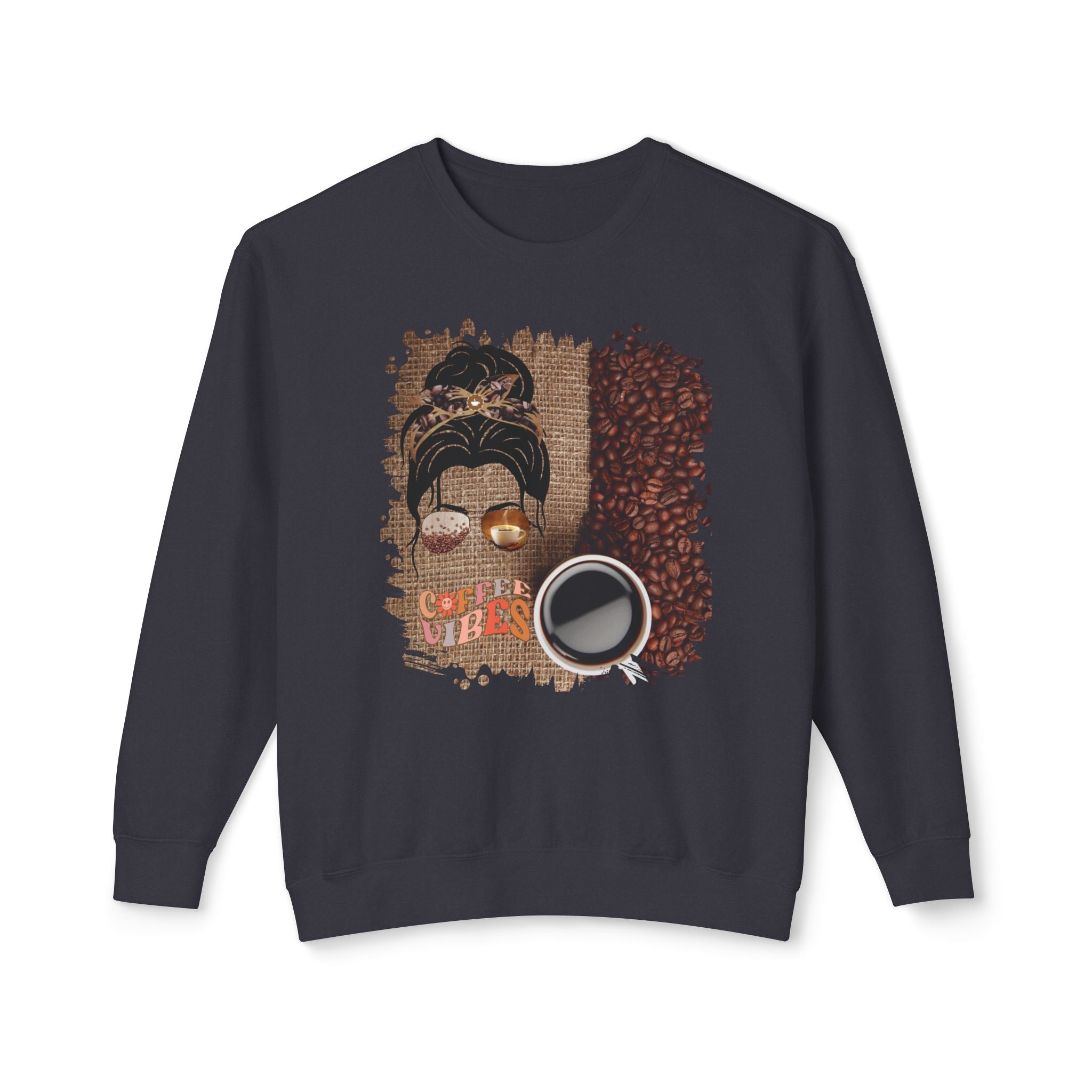Coffee Vibes, Coffee Beans Bag, Dark Hair Messy Bun, Unisex Lightweight Crewneck Sweatshirt