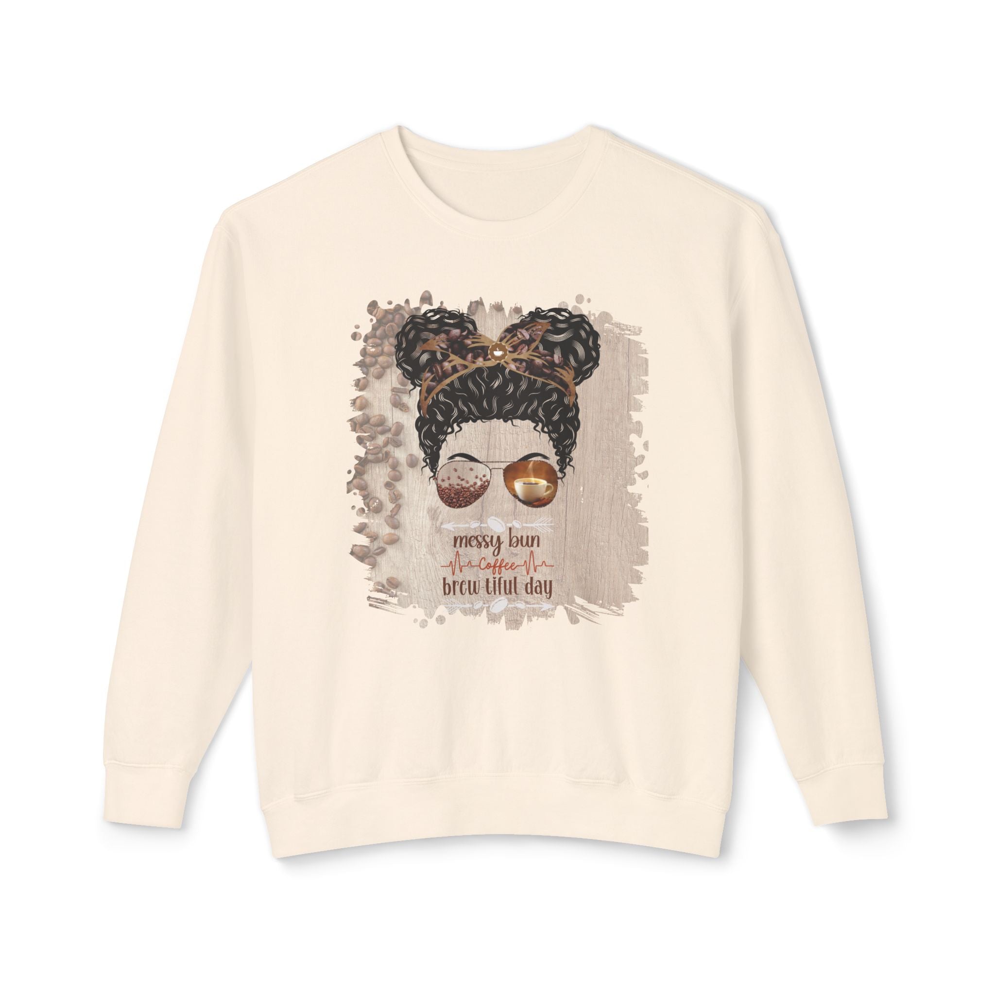 Coffee Heartbeat, Coffee Beans Table, Black Hair Messy Bun, Unisex Lightweight Crewneck Sweatshirt