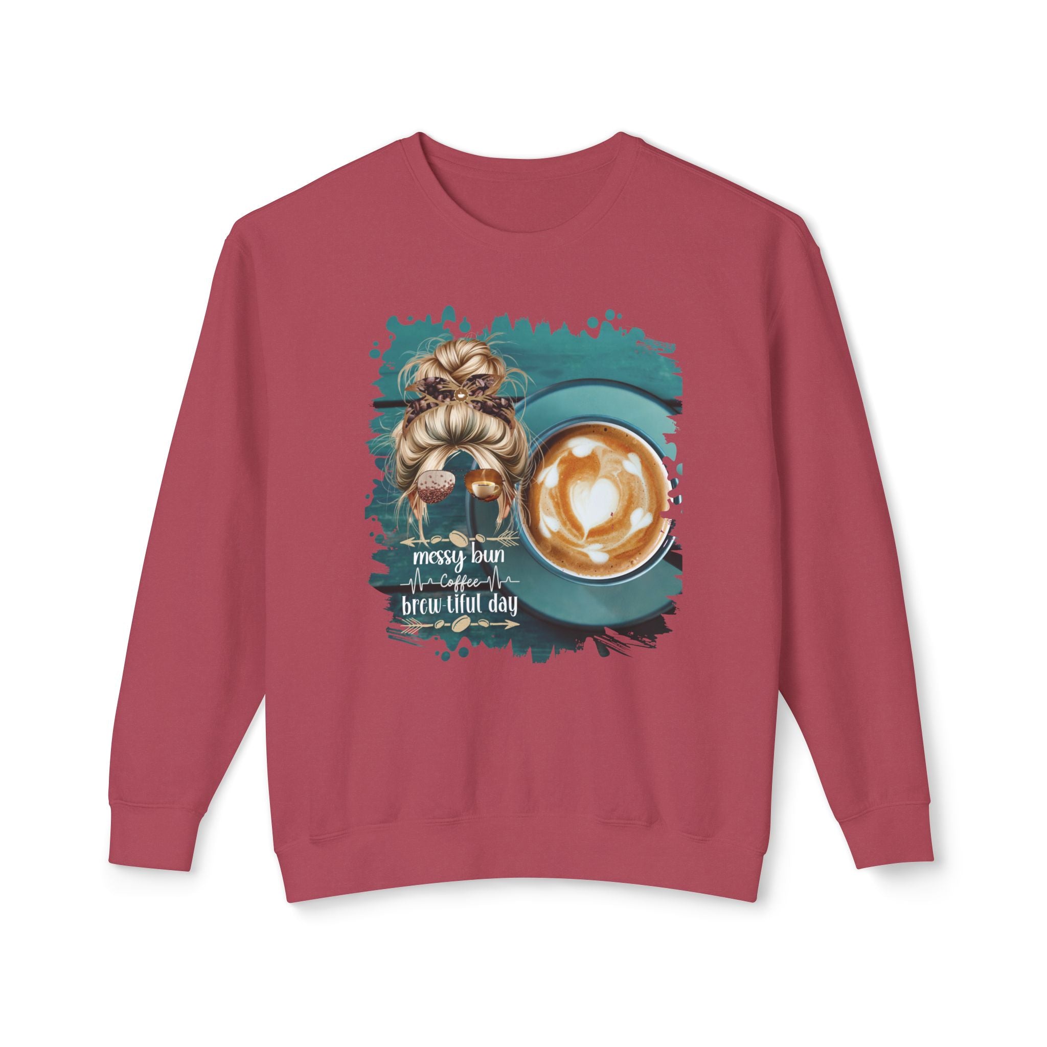 Coffee Heartbeat, Coffee Cup, Blond Hair Messy Bun, Unisex Lightweight Crewneck Sweatshirt