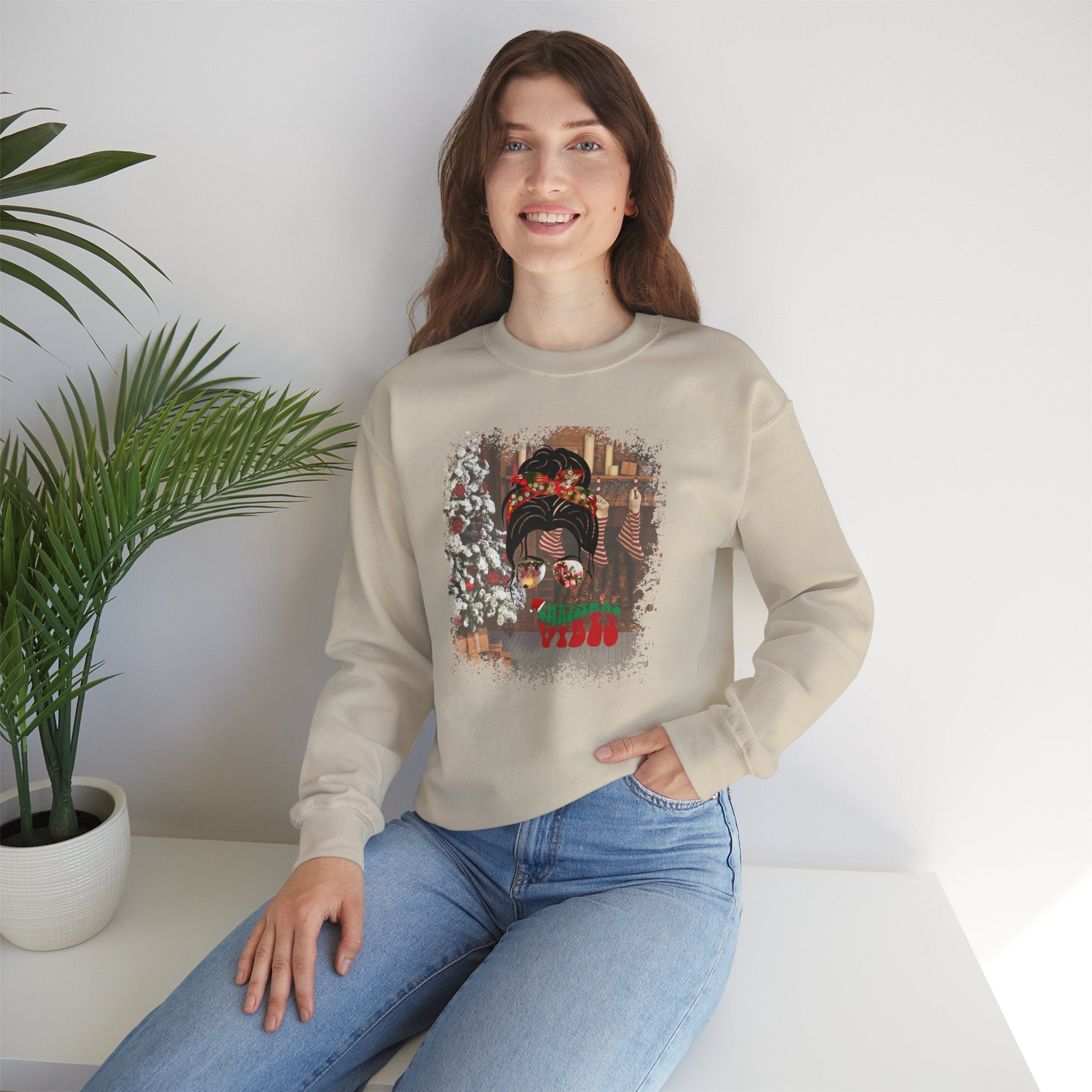 Christmas Vibes Christmas Home, Dark Hair Messy Bun, Unisex Heavy Blend™ Crewneck Sweatshirt