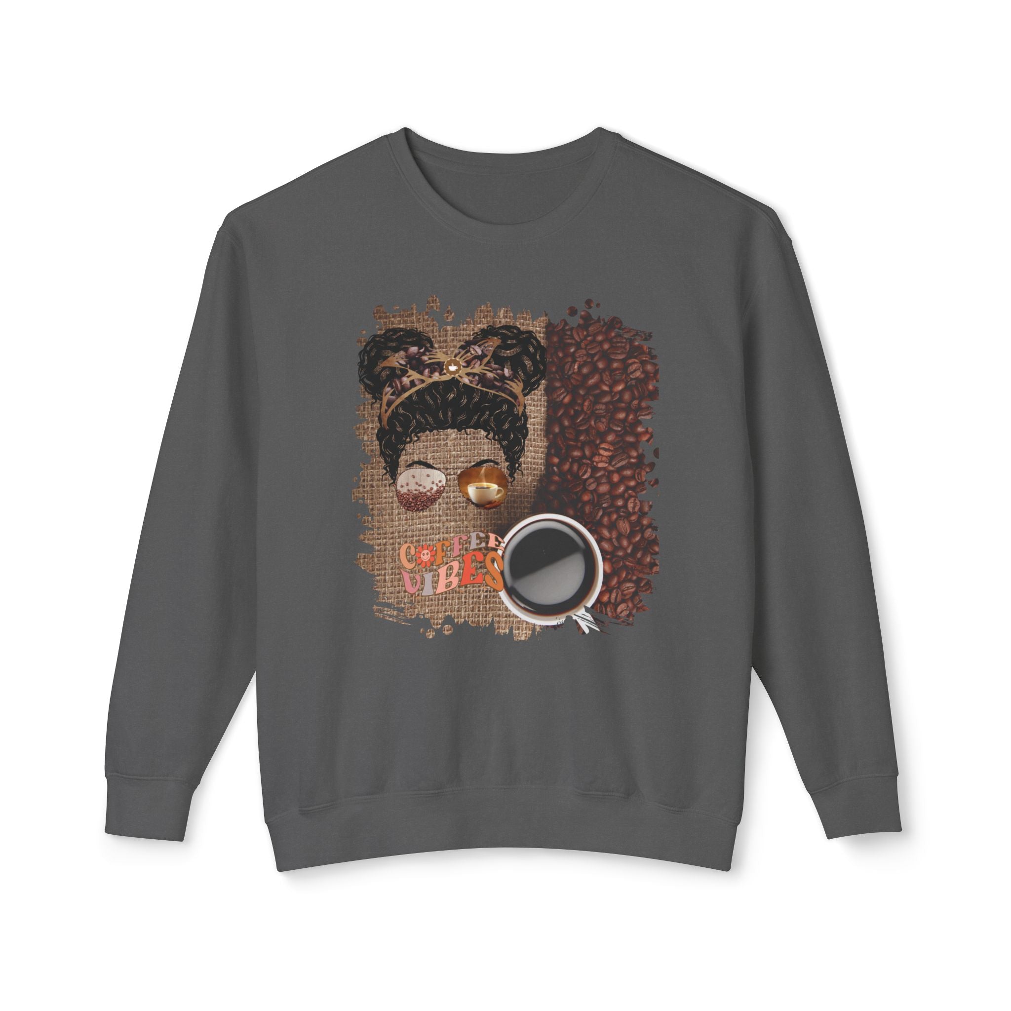 Coffee Vibes, Coffee Beans Bag, Black Hair Messy Bun, Unisex Lightweight Crewneck Sweatshirt