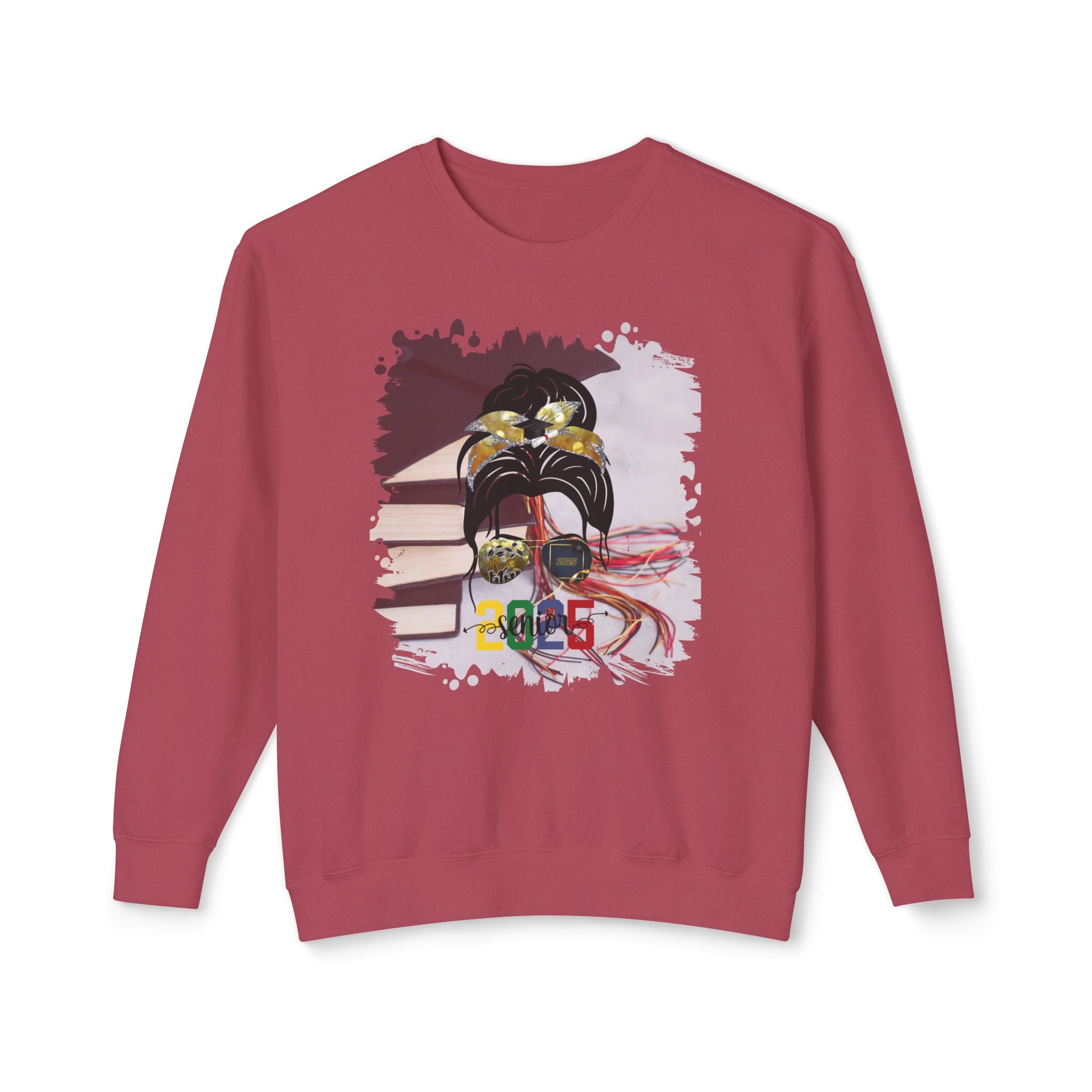 Senior 2025 Colorful, Cap & Books, Dark Hair Messy Bun, Unisex Lightweight Crewneck Sweatshirt
