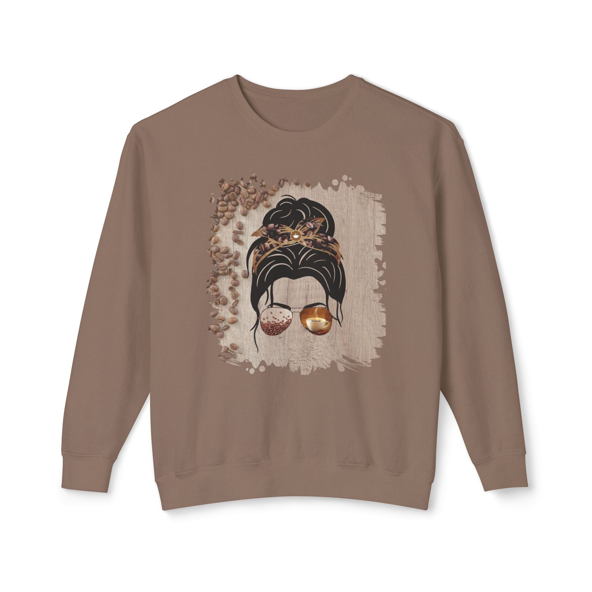 Coffee Beans Table, Dark Hair Messy Bun, Unisex Lightweight Crewneck Sweatshirt