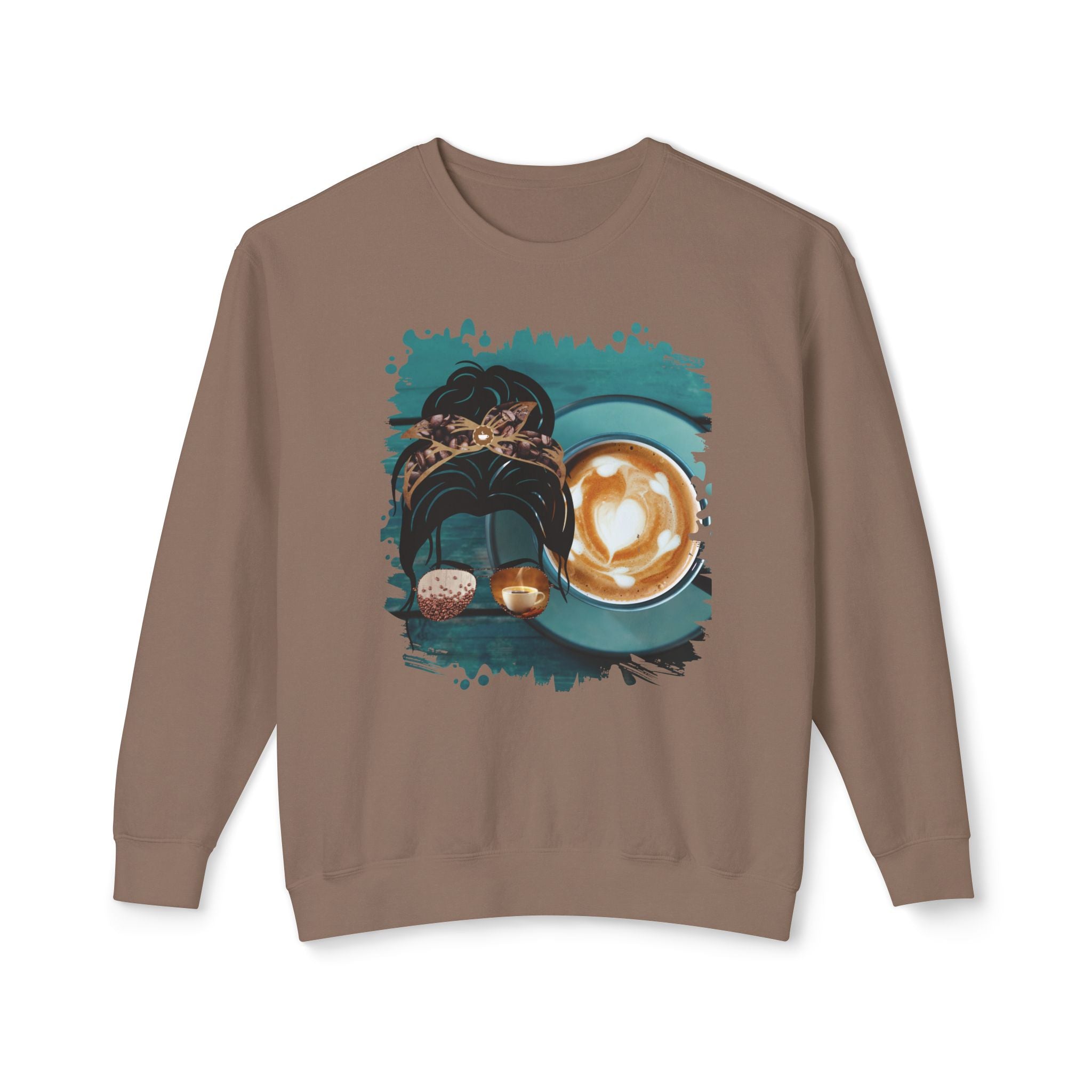 Coffee Cup, Dark Hair Messy Bun, Unisex Lightweight Crewneck Sweatshirt