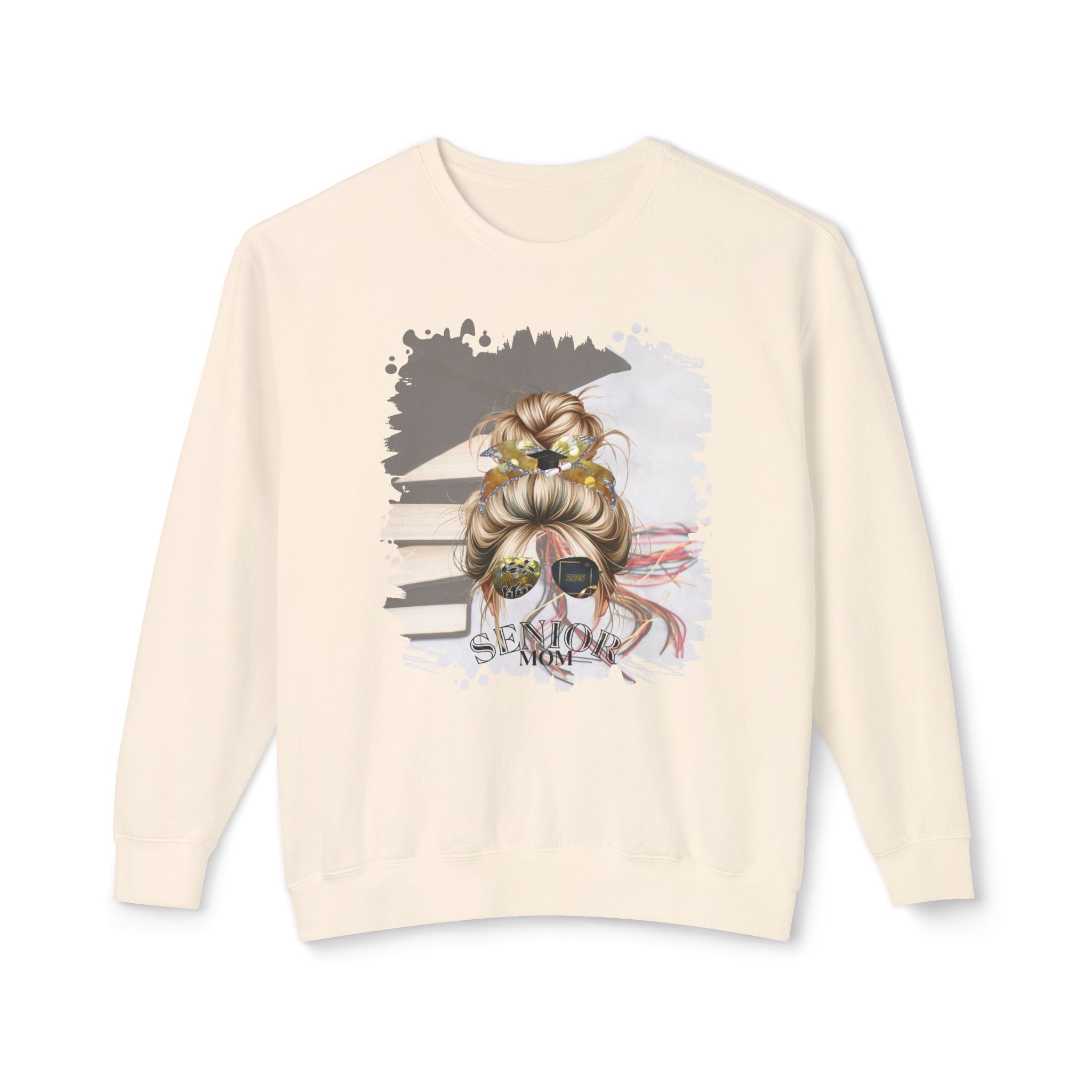 Senior Mom, Cap & Books, Blond Hair Messy Bun, Unisex Lightweight Crewneck Sweatshirt