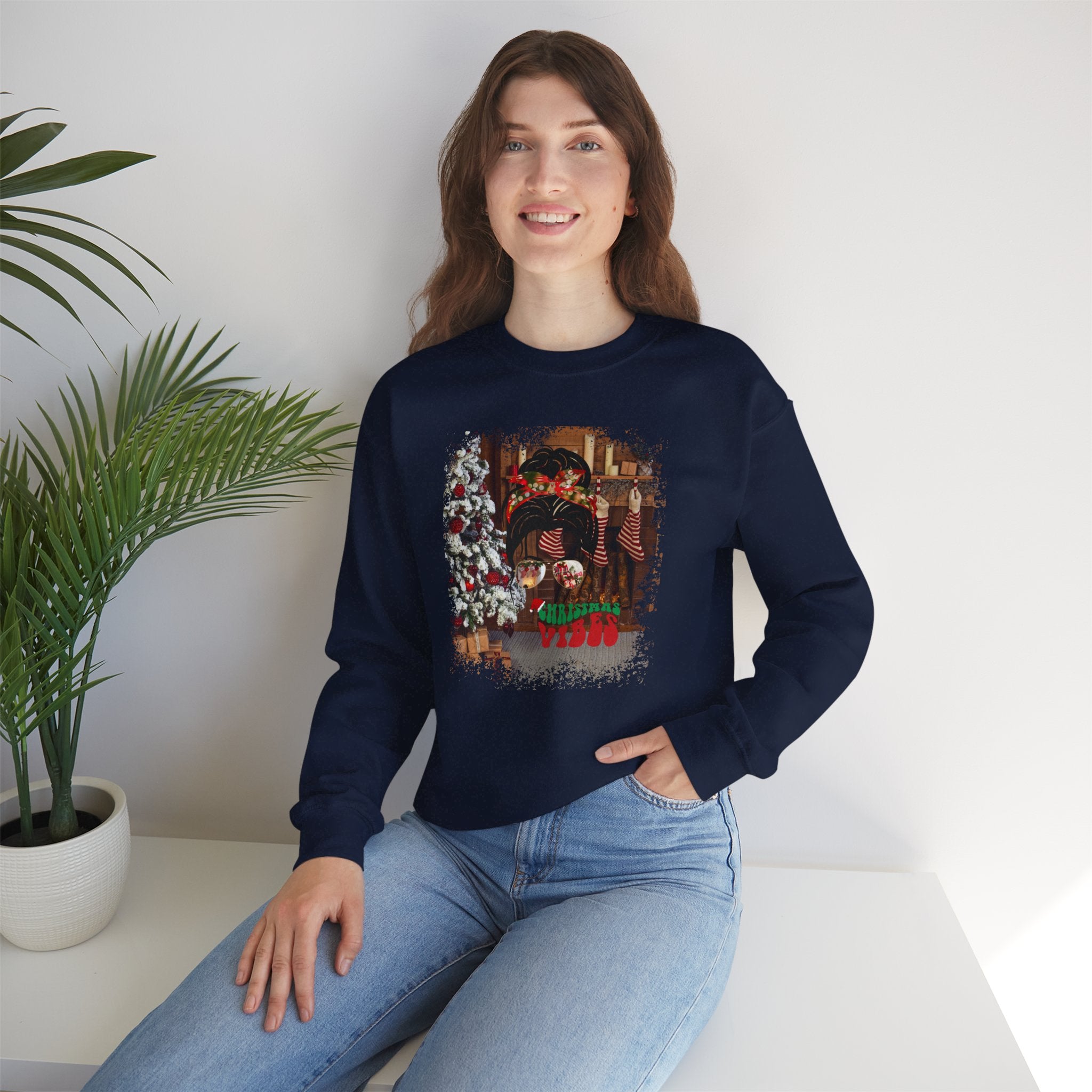 Christmas Vibes Christmas Home, Dark Hair Messy Bun, Unisex Heavy Blend™ Crewneck Sweatshirt