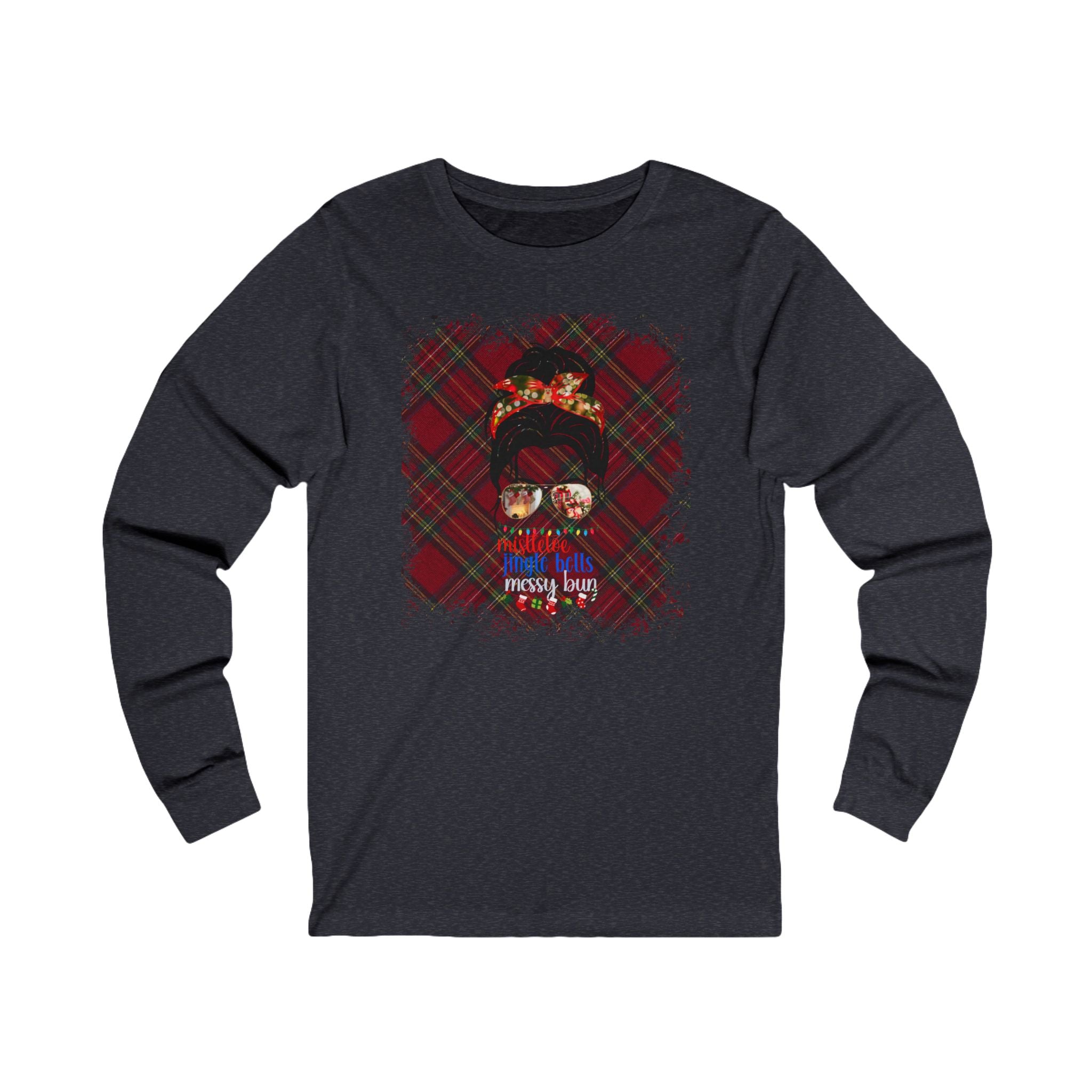 Messy Bun Christmas Plaid, Dark Hair Messy Bun, Unisex Jersey Long Sleeve Tee