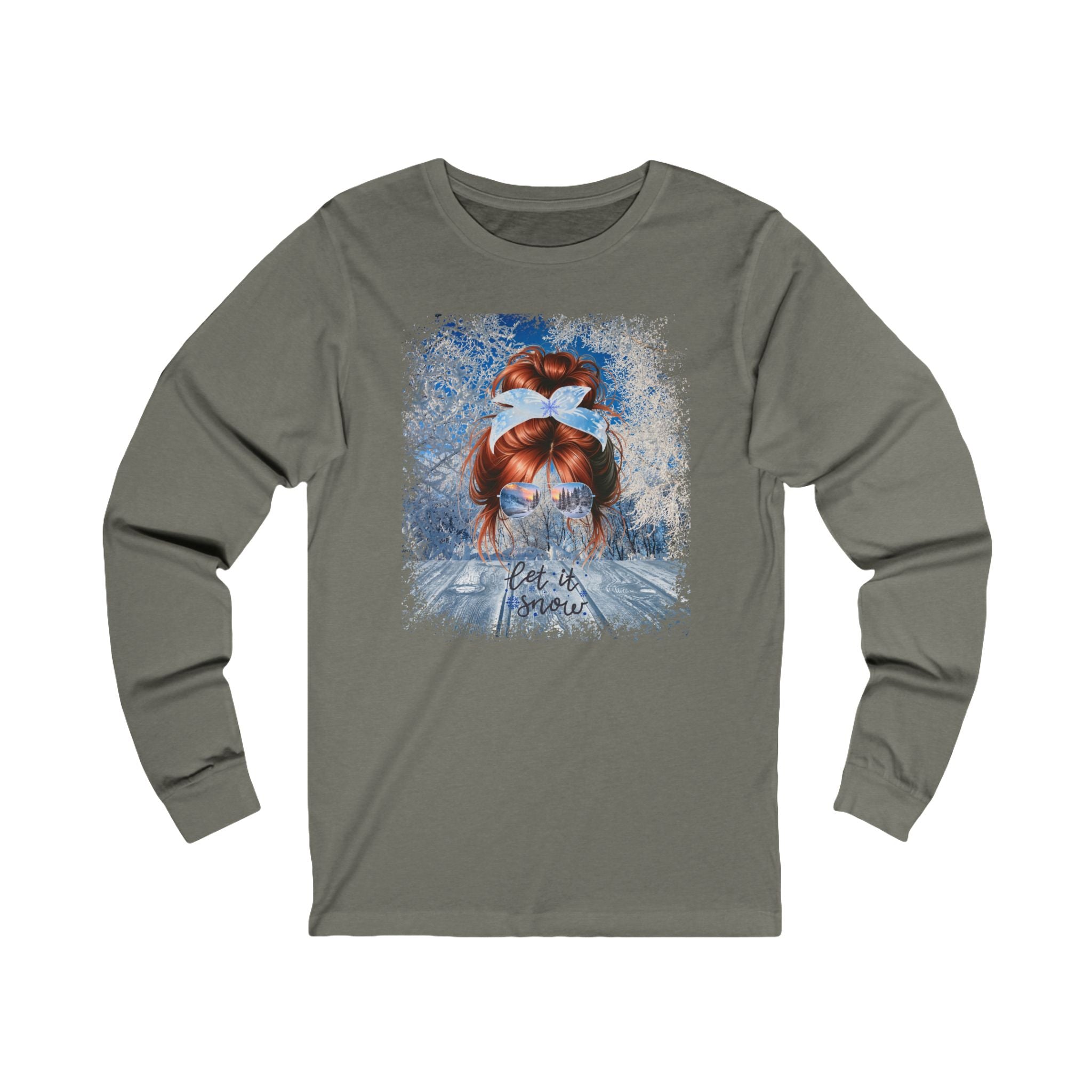 Let it Snow Winter Sunny Porch, Red Hair Messy Bun, Unisex Jersey Long Sleeve Tee