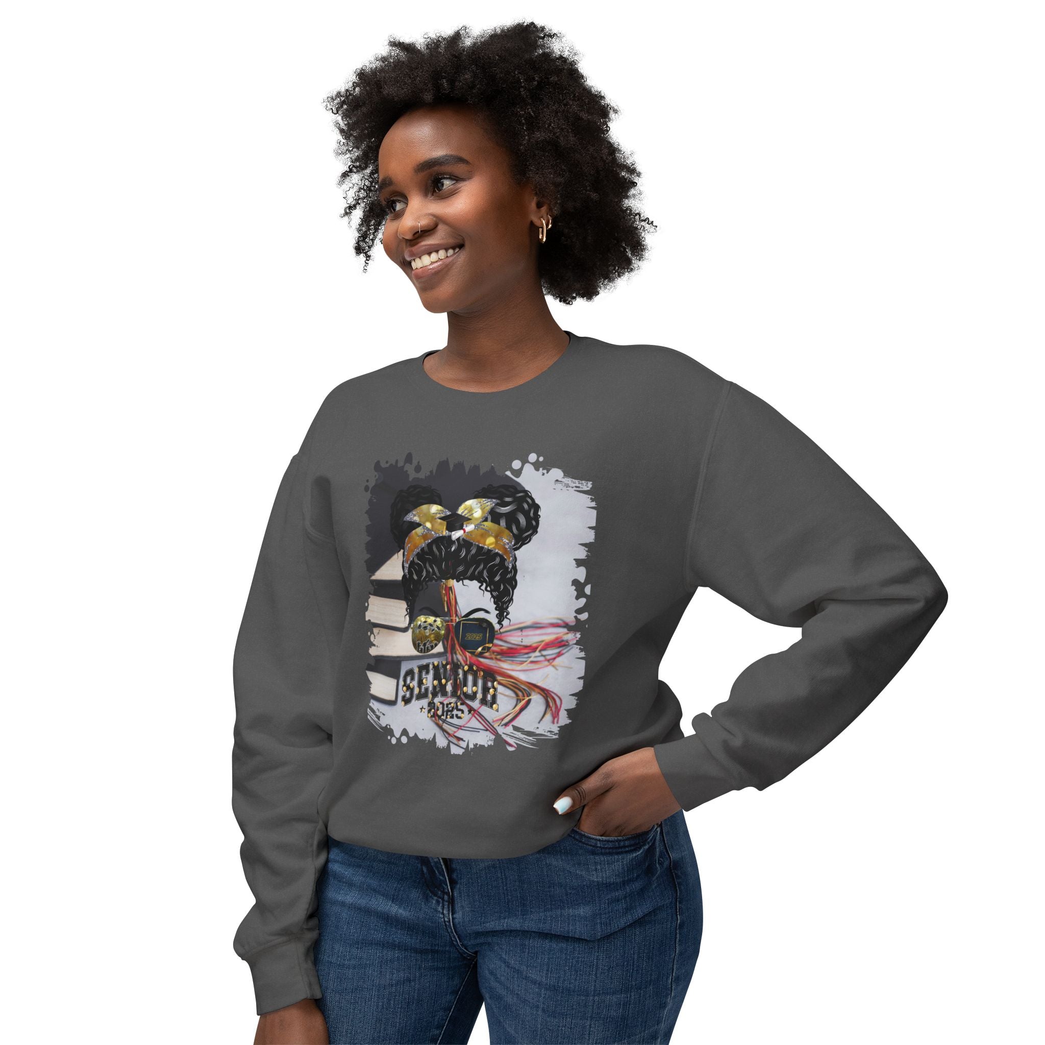 Senior 2025 Balloons, Cap & Books, Black Hair Messy Bun, Unisex Lightweight Crewneck Sweatshirt