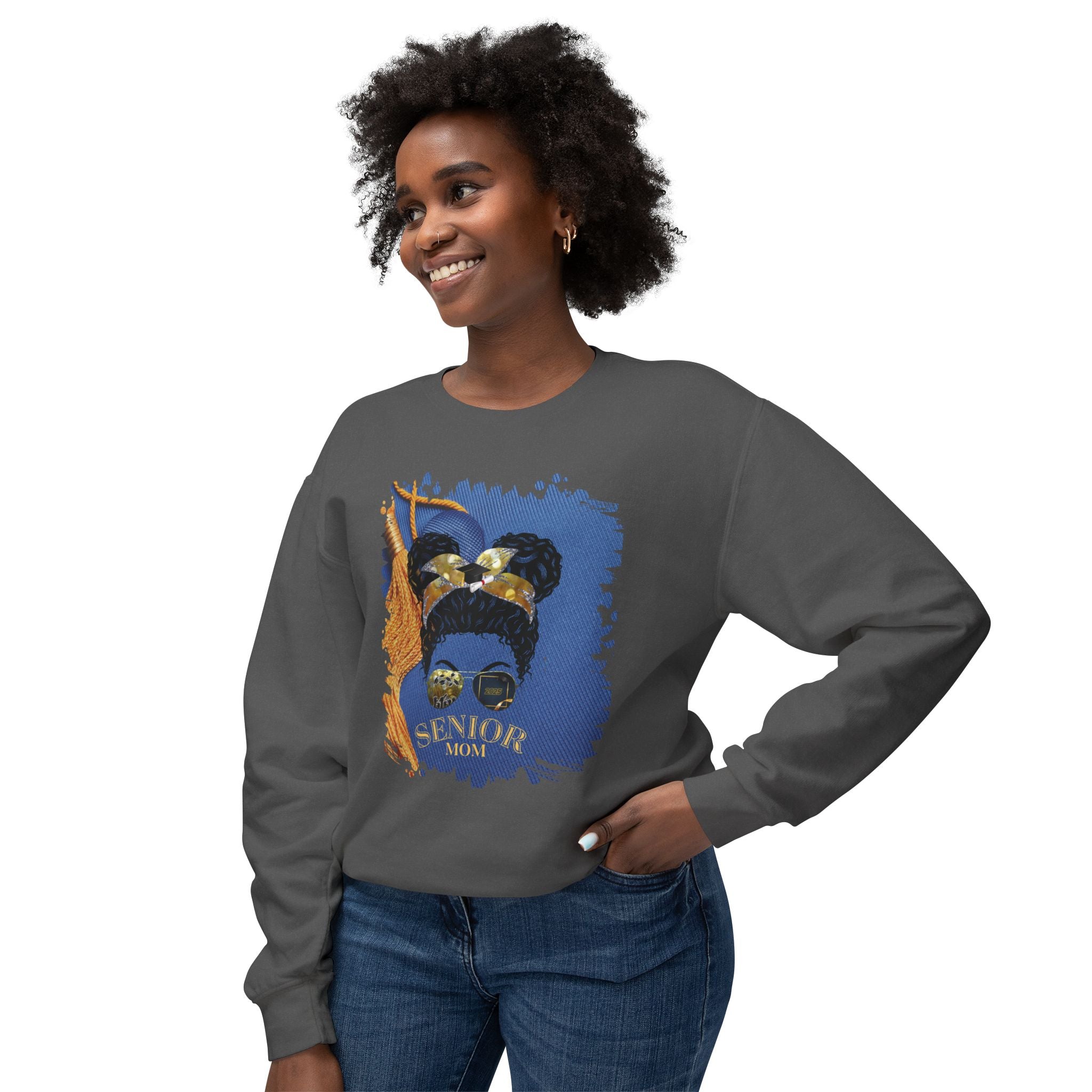 Senior Mom, Graduation Cap, Black Hair Messy Bun, Unisex Lightweight Crewneck Sweatshirt