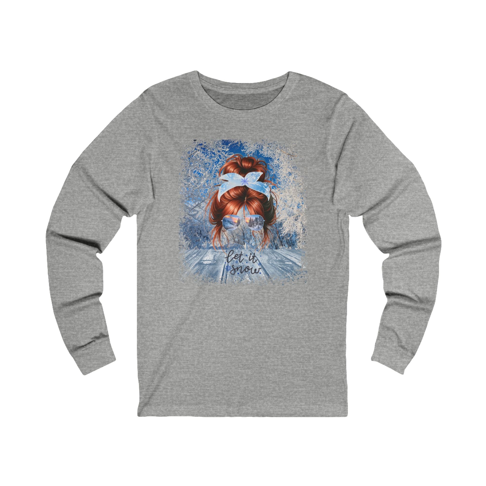 Let it Snow Winter Sunny Porch, Red Hair Messy Bun, Unisex Jersey Long Sleeve Tee