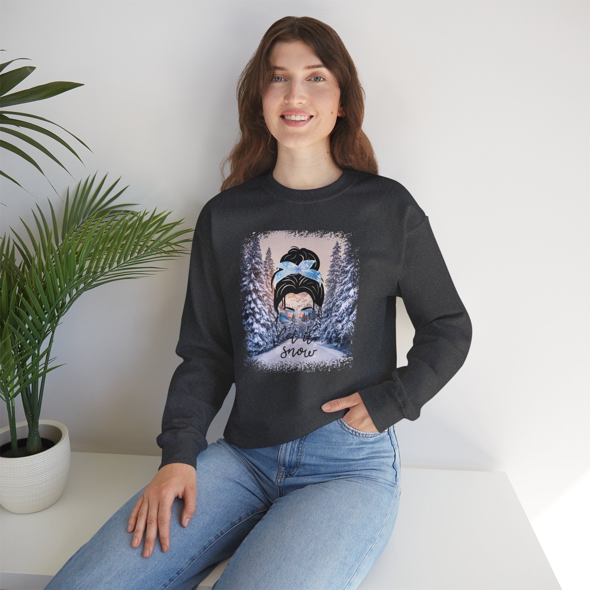 Let it Snow Winter Trail, Dark Hair Messy Bun, Unisex Heavy Blend™ Crewneck Sweatshirt