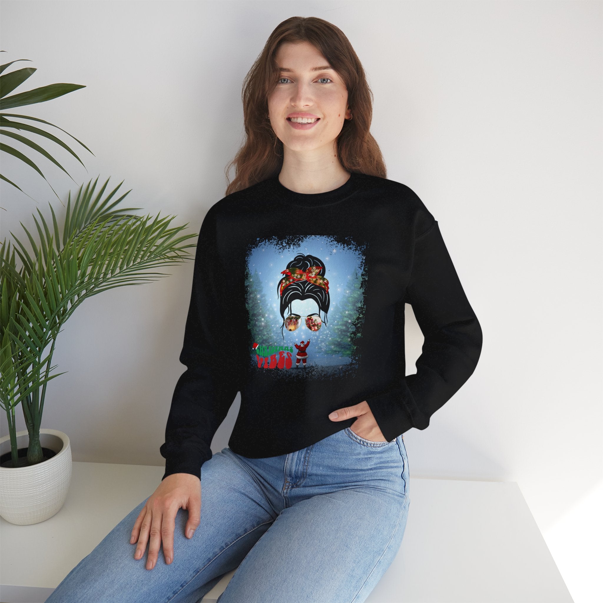 Christmas Vibes Santa, Dark Hair Messy Bun, Unisex Heavy Blend™ Crewneck Sweatshirt