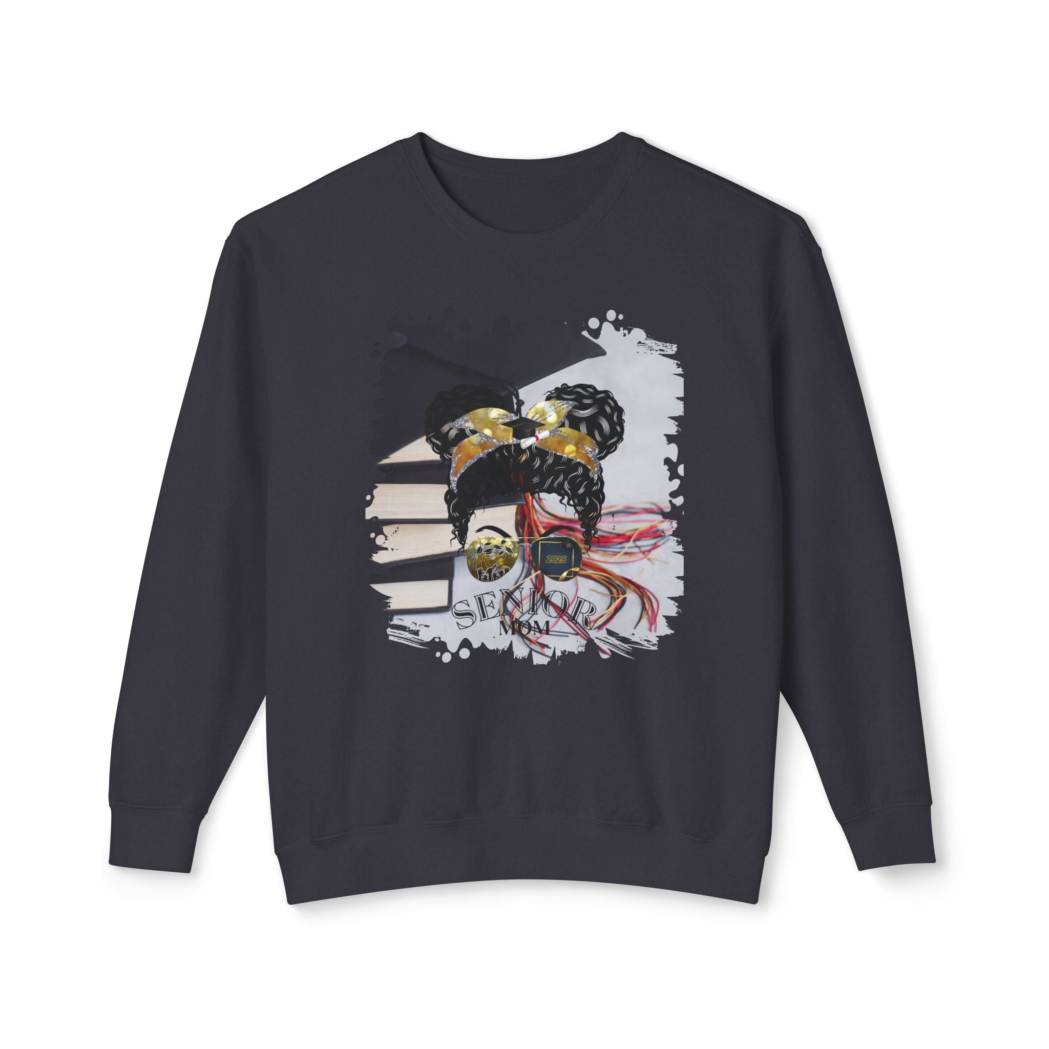 Senior Mom, Cap & Books, Black Hair Messy Bun, Unisex Lightweight Crewneck Sweatshirt