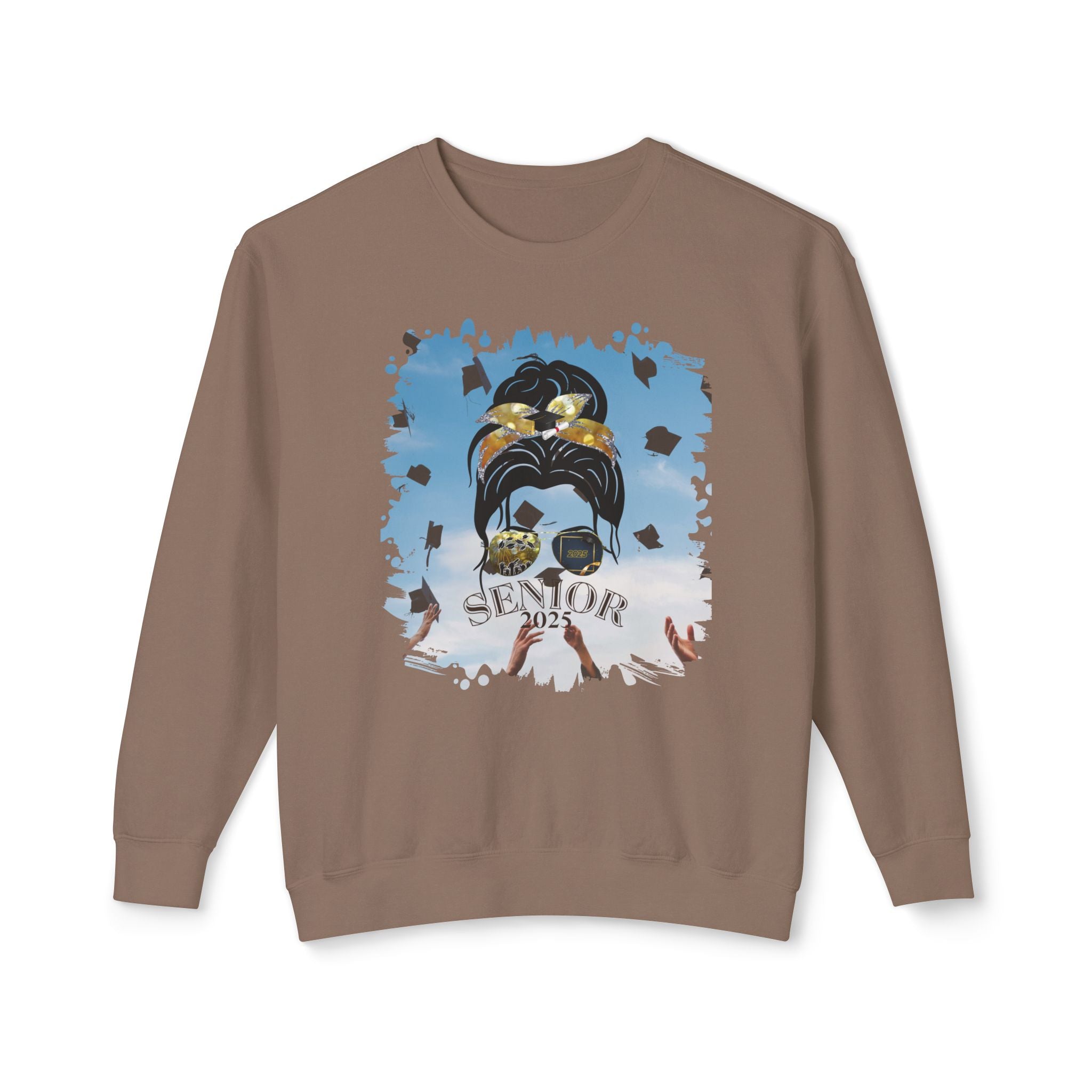Senior 2025, Celebration, Dark Hair Messy Bun, Unisex Lightweight Crewneck Sweatshirt