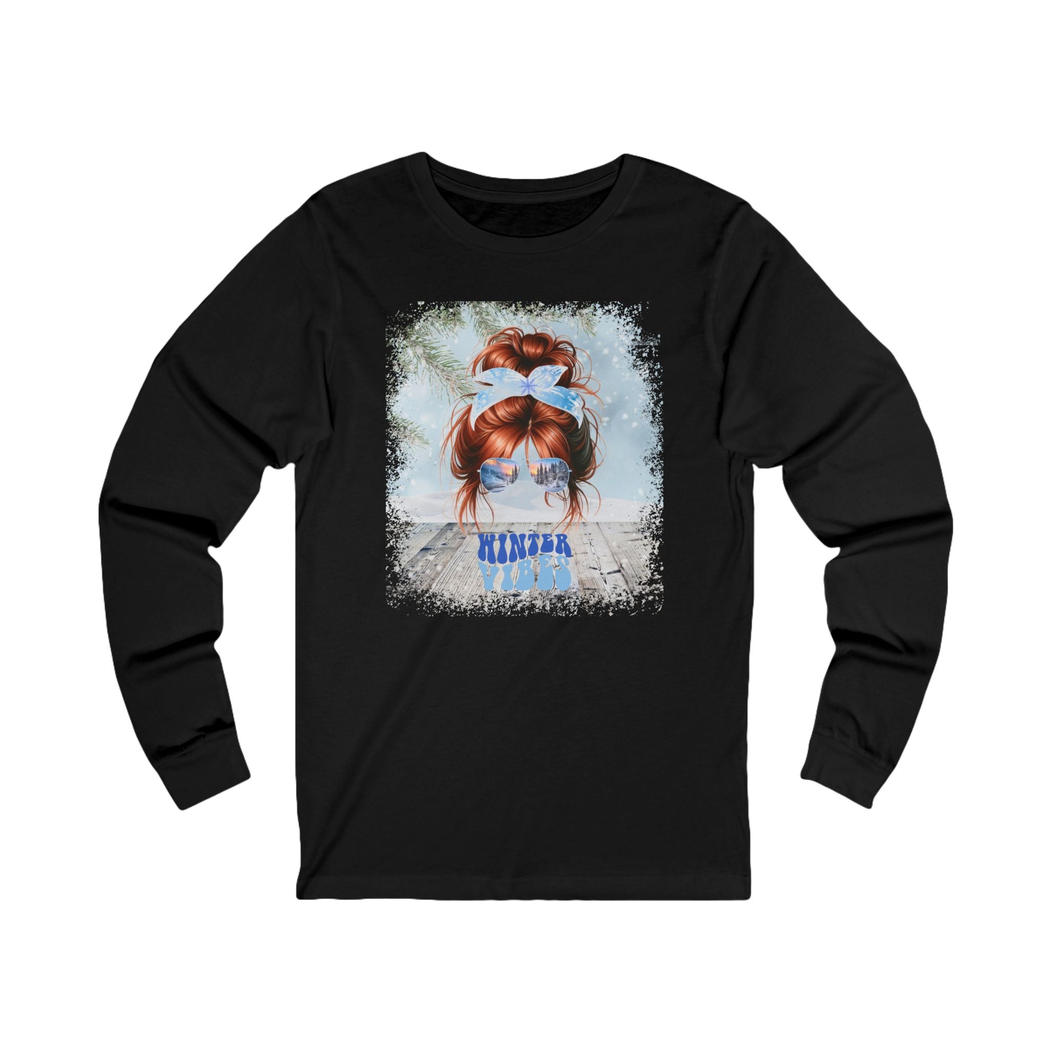 Winter Vibes Winter Snowy Porch, Red Hair Messy Bun, Unisex Jersey Long Sleeve Tee