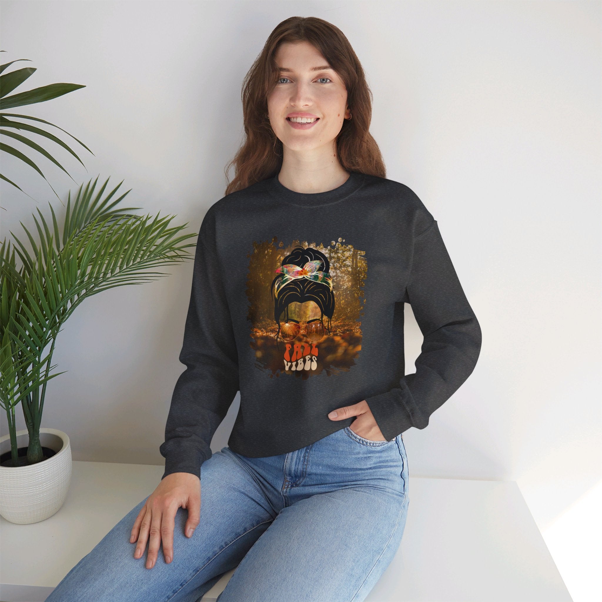 Fall Vibes Fall Forest, Dark Hair Messy Bun, Unisex Heavy Blend™ Crewneck Sweatshirt