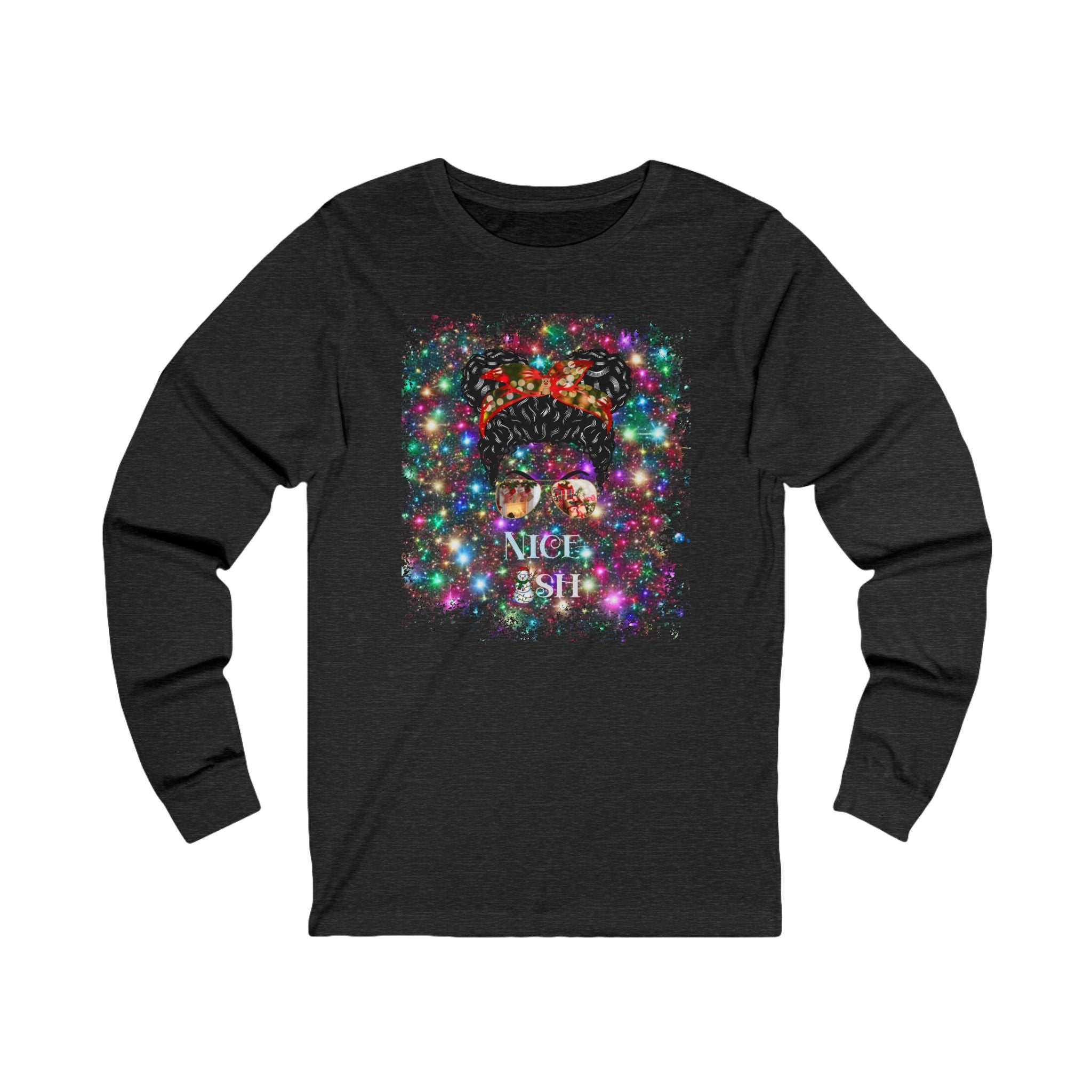 Nice-ish Christmas Lights, Black Hair Messy Bun, Unisex Jersey Long Sleeve Tee