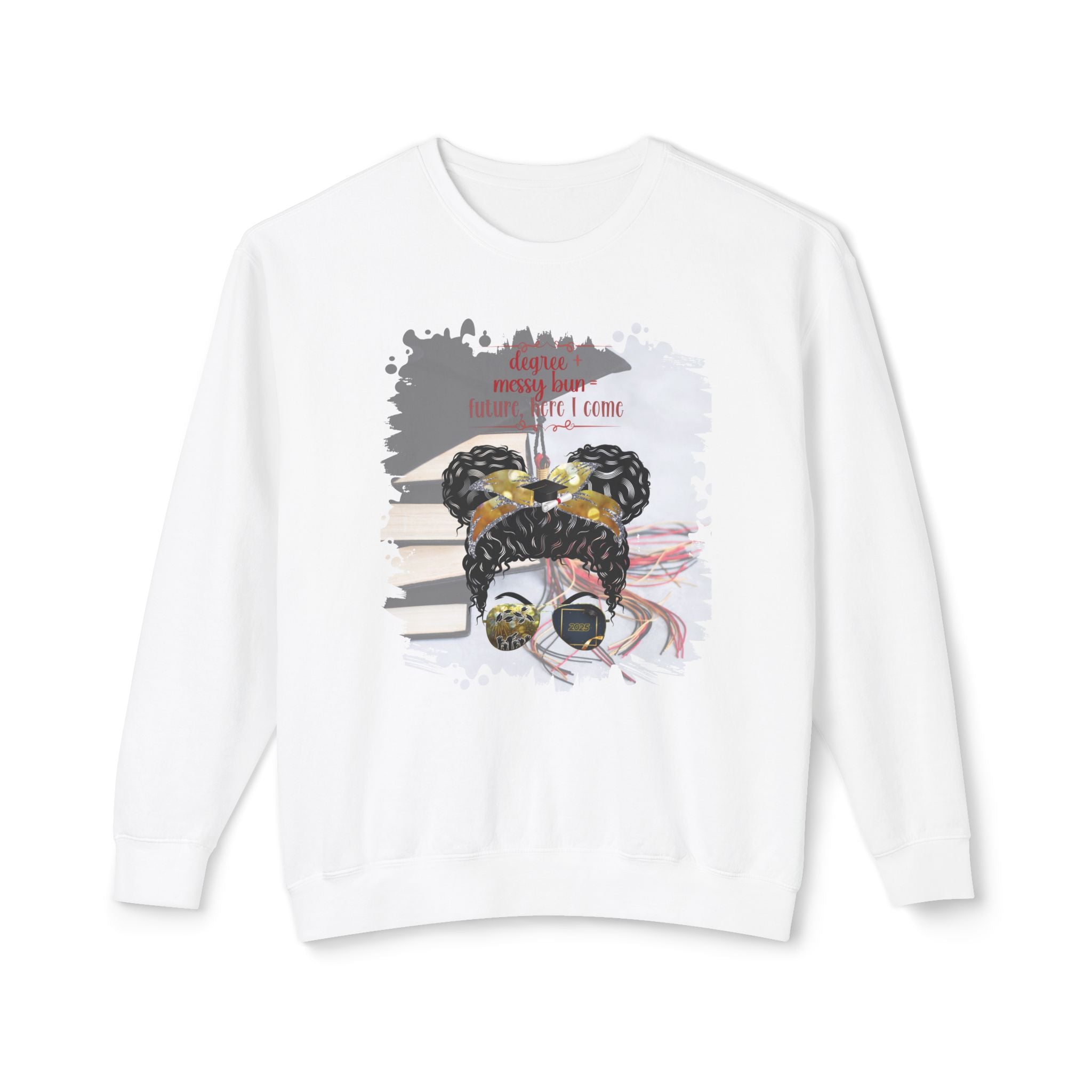 Degree + Messy Bun, Cap & Books, Black Hair Messy Bun, Unisex Lightweight Crewneck Sweatshirt