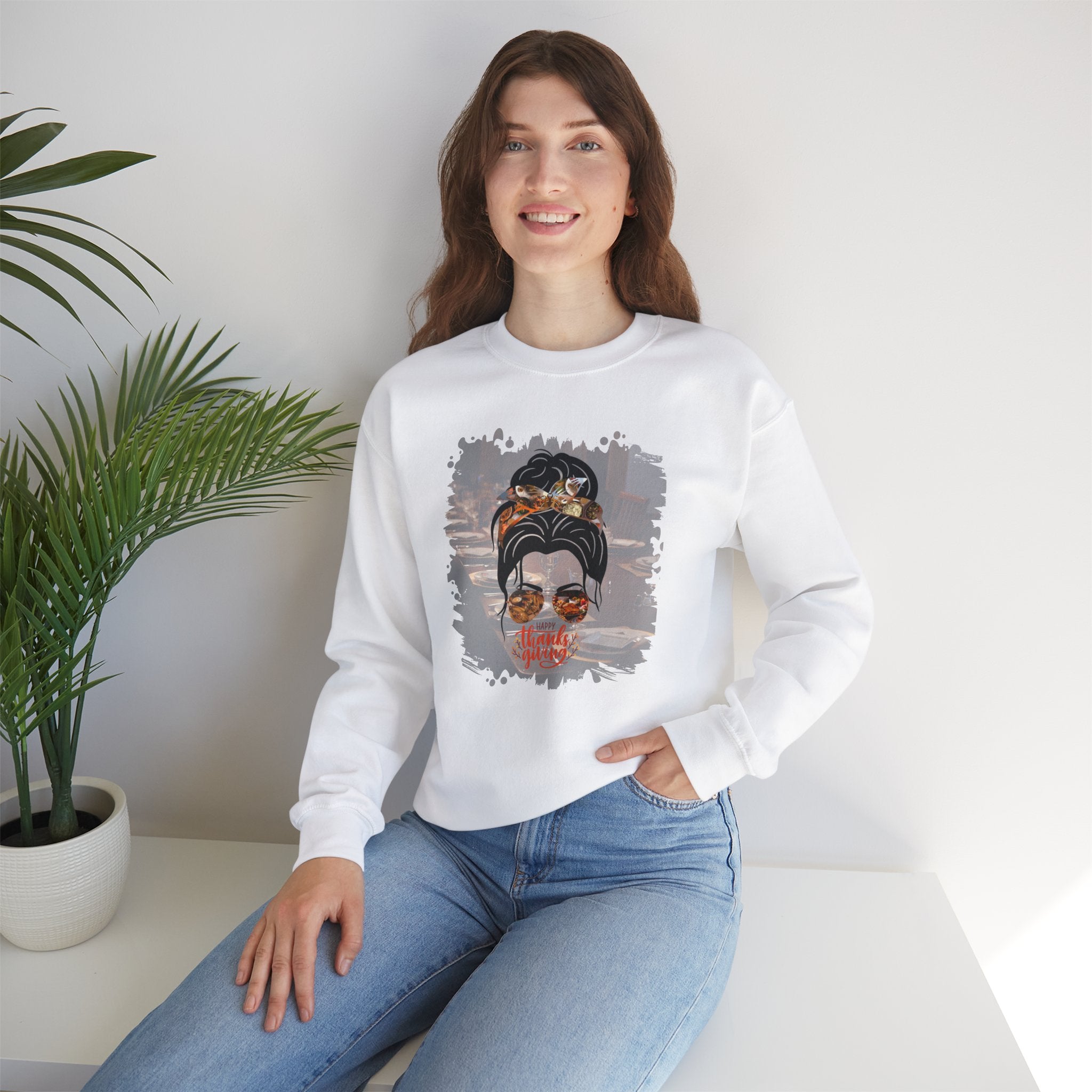 Happy Thanksgiving Table Setting, Dark Hair Messy Bun, Unisex Heavy Blend™ Crewneck Sweatshirt