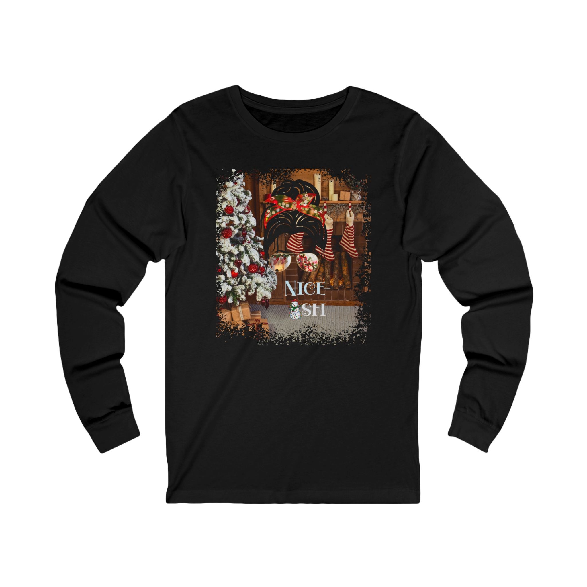 Nice-ish Christmas Home, Dark Hair Messy Bun, Unisex Jersey Long Sleeve Tee