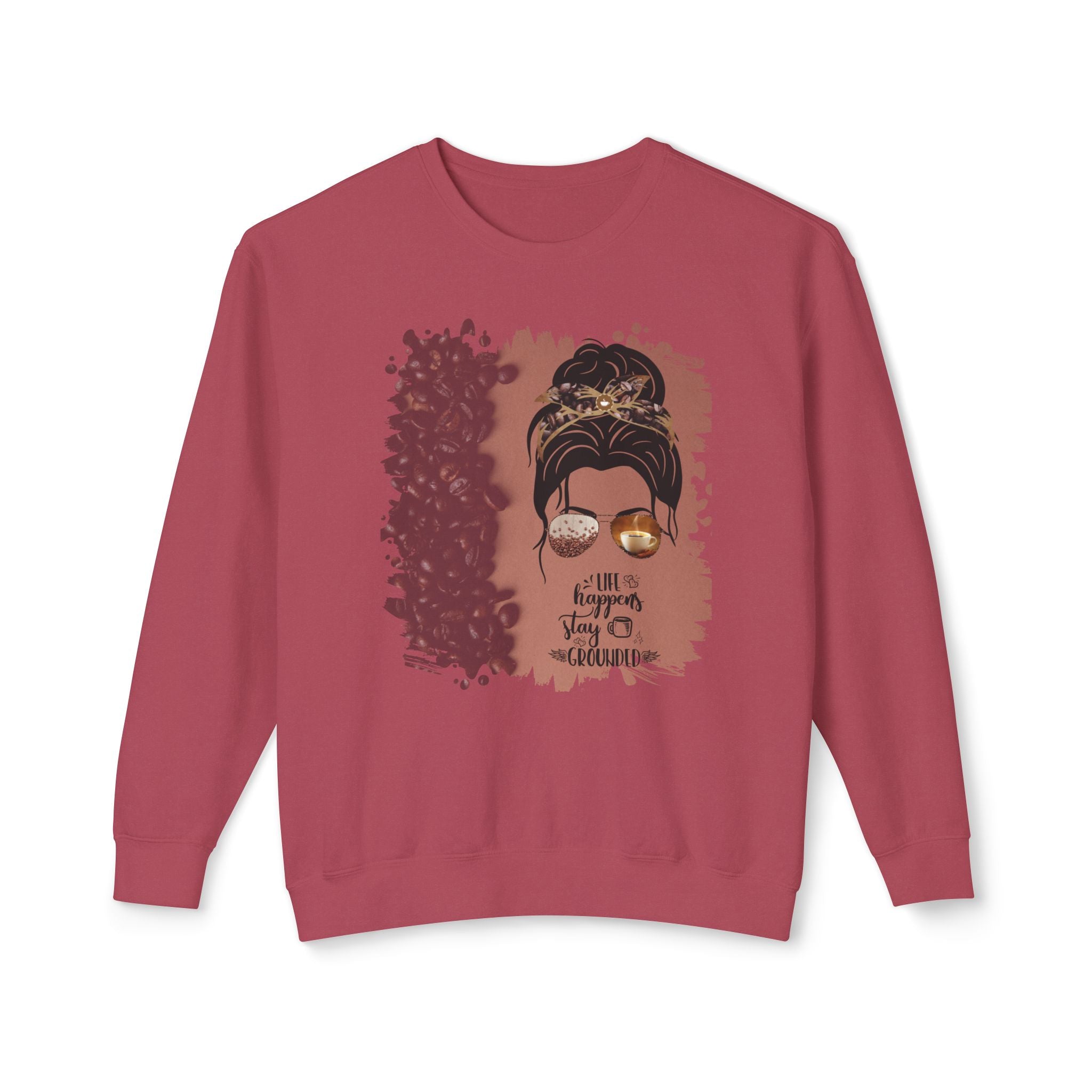 Stay Grounded, Coffee Beans Shade, Dark Hair Messy Bun, Unisex Lightweight Crewneck Sweatshirt
