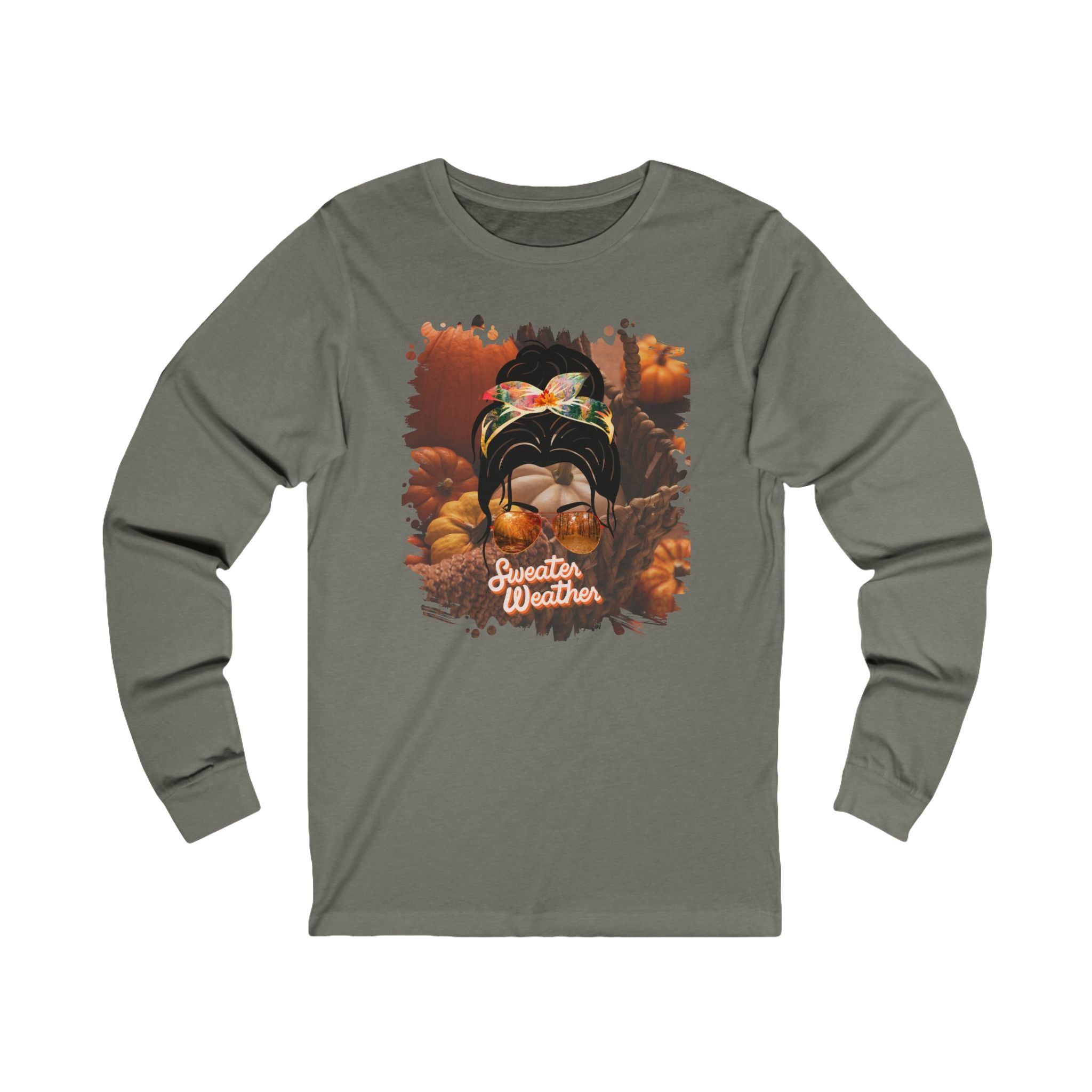 Sweater Weather Fall Pumpkins, Dark Hair Messy Bun, Unisex Jersey Long Sleeve Tee