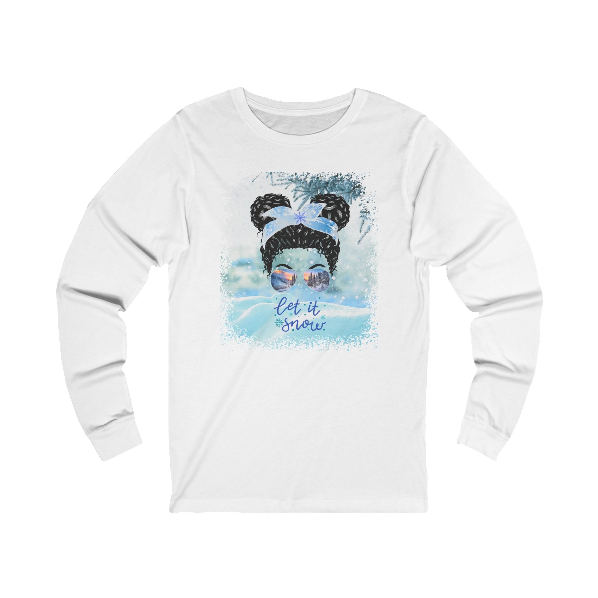 Let it Snow, Snow, Black Hair Messy Bun, Unisex Jersey Long Sleeve Tee