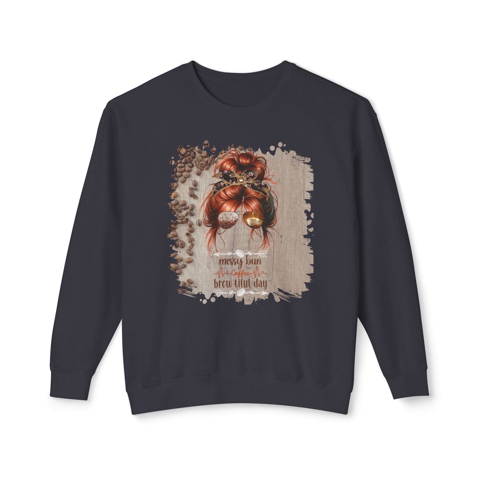 Coffee Heartbeat, Coffee Beans Table, Red Hair Messy Bun, Unisex Lightweight Crewneck Sweatshirt