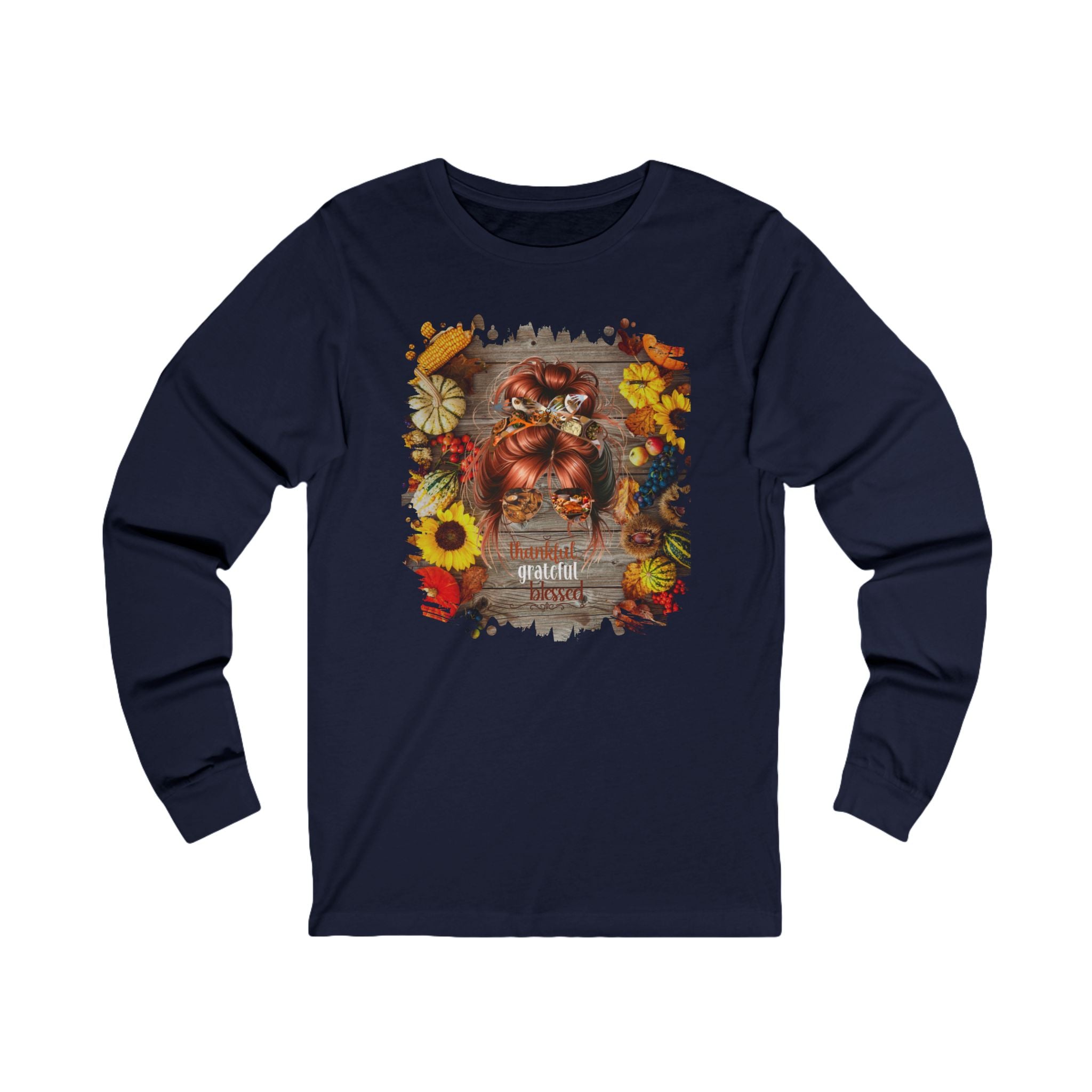 Thankful Grateful Blessed Decorated Background, Red Hair Messy Bun, Unisex Jersey Long Sleeve Tee