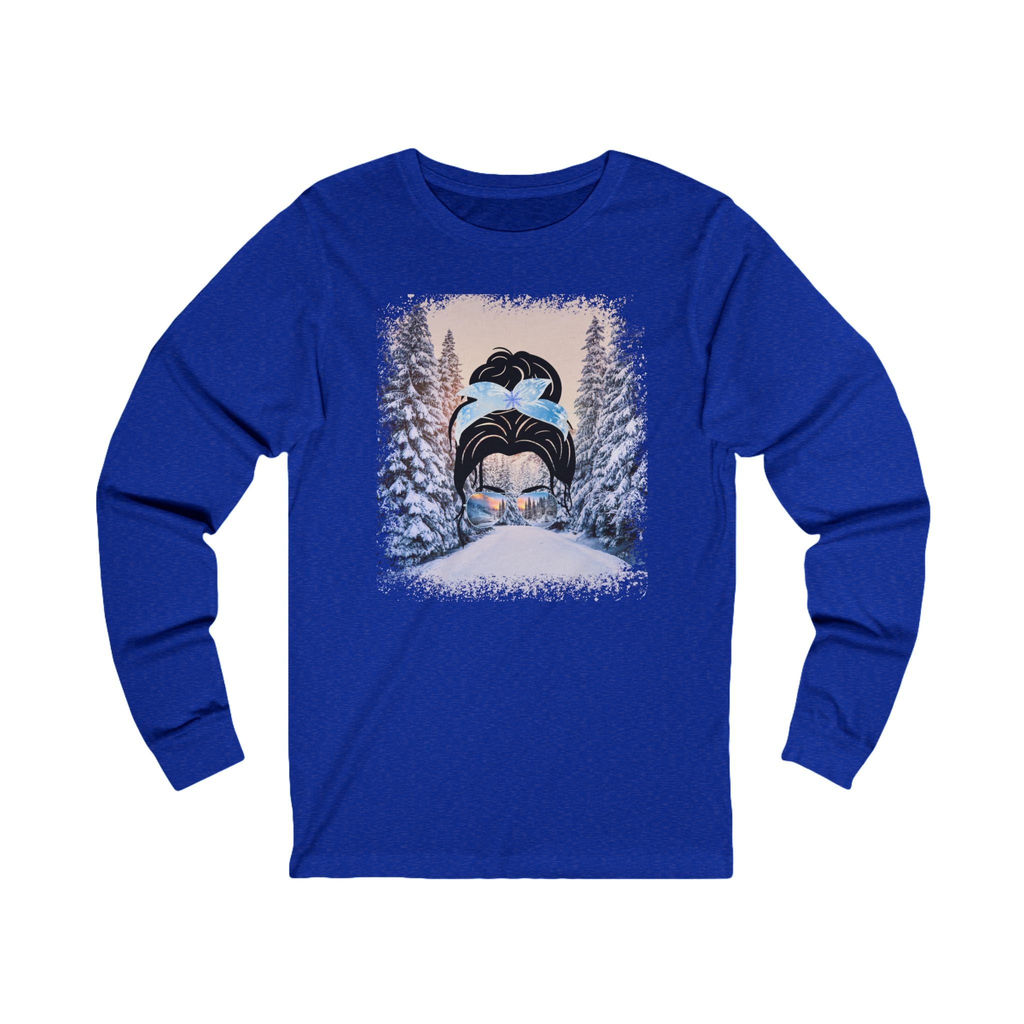 Winter Trail, Dark Hair Messy Bun, Unisex Jersey Long Sleeve Tee