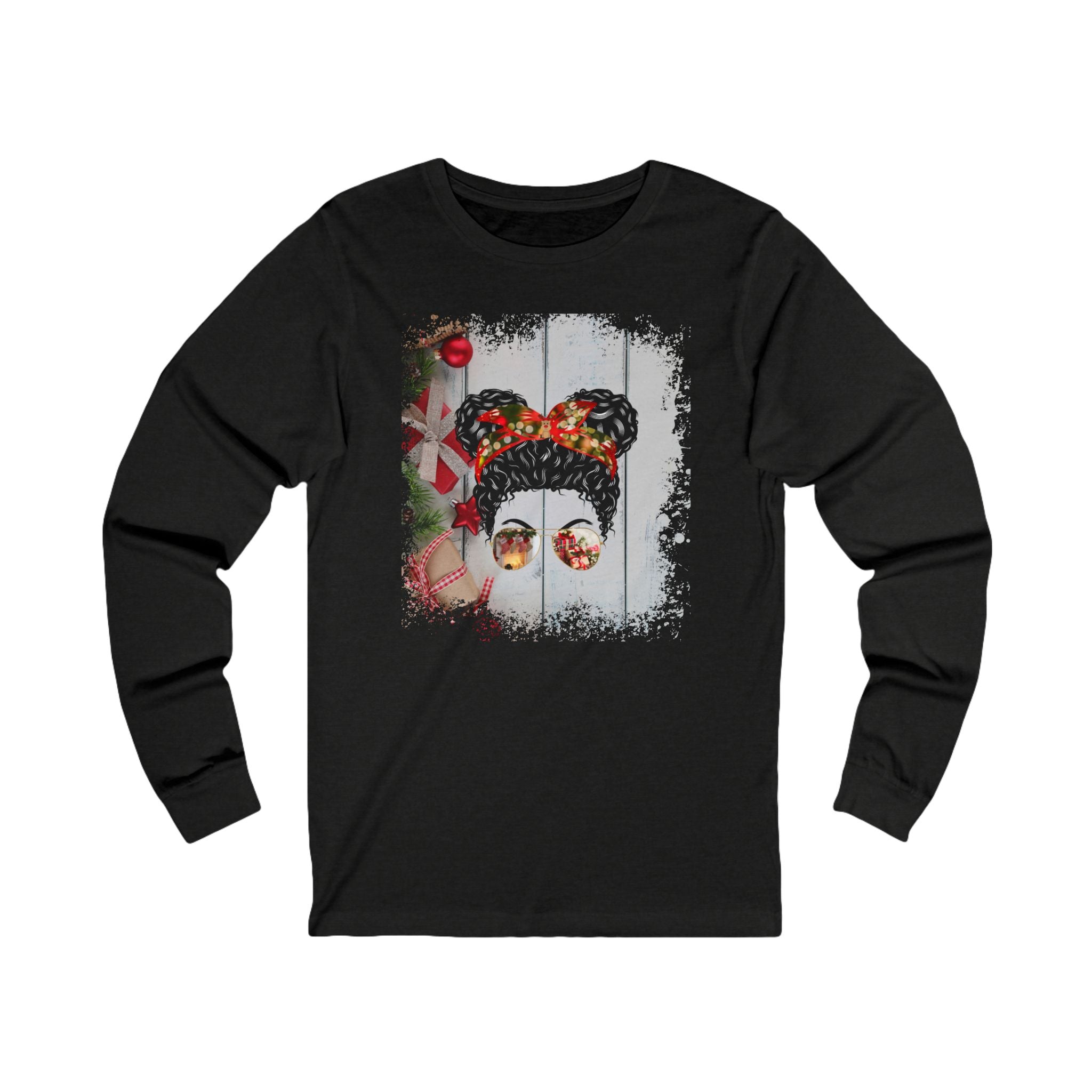 Christmas Presents, Black Hair Messy Bun, Unisex Jersey Long Sleeve Tee