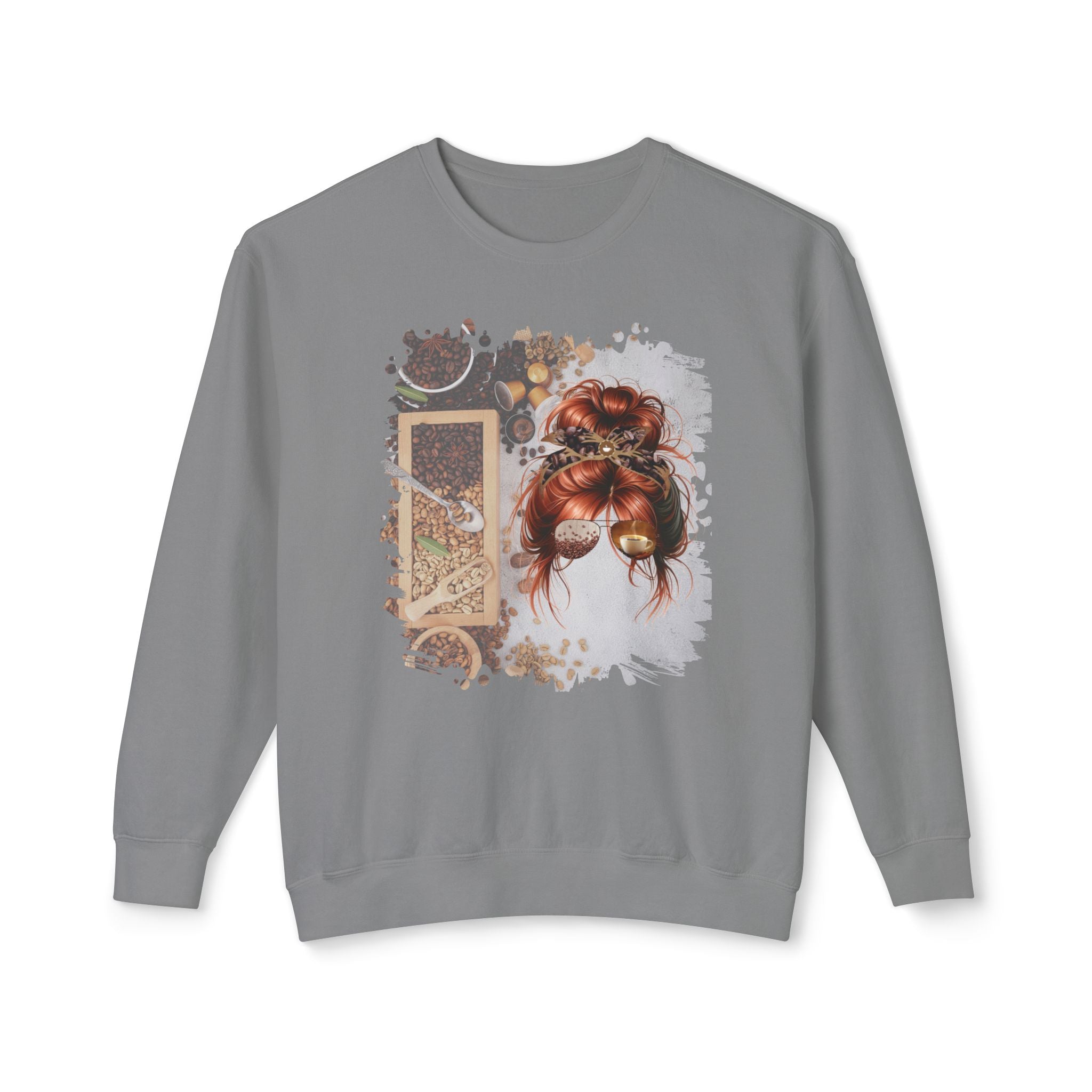 Coffee Beans Variety, Red Hair Messy Bun, Unisex Lightweight Crewneck Sweatshirt