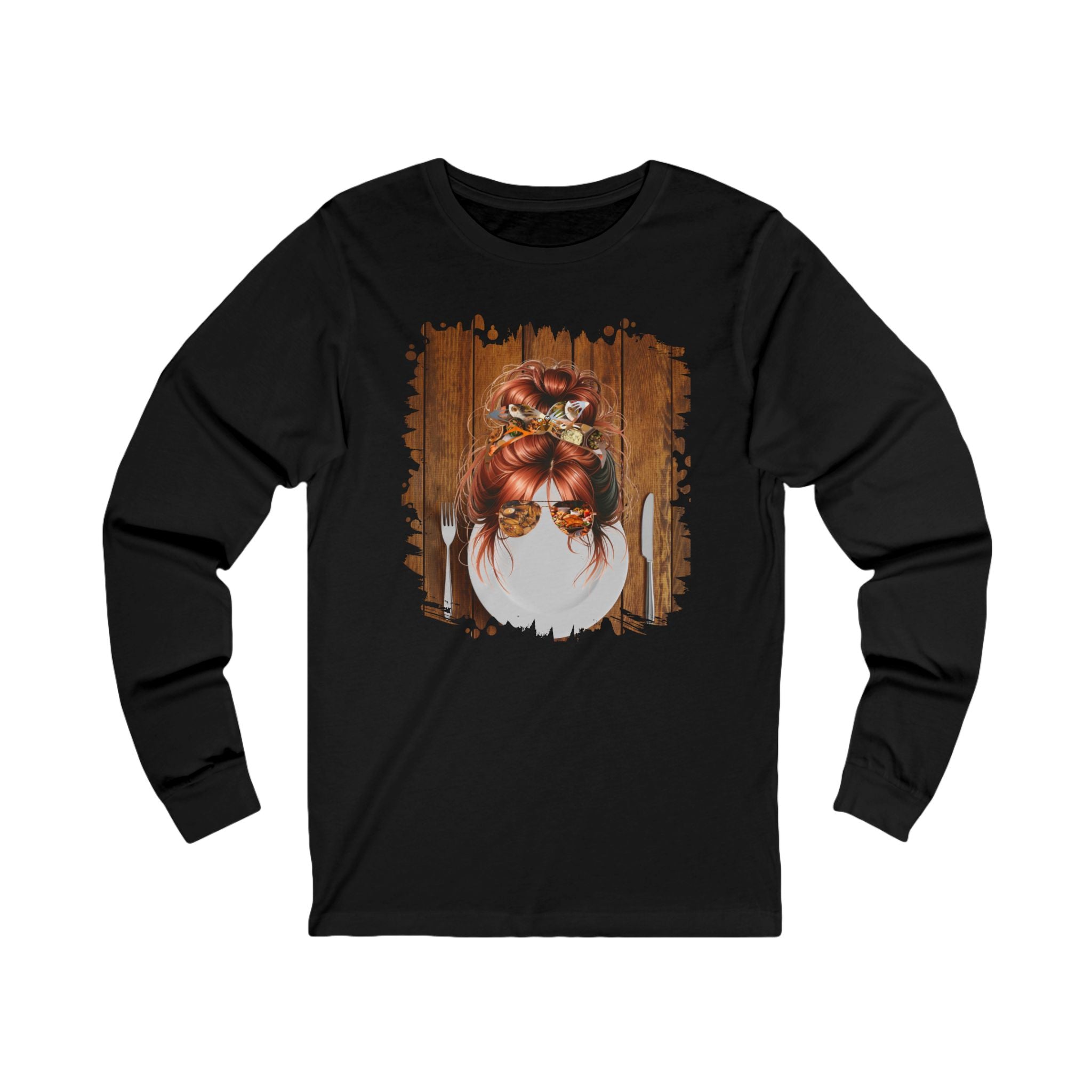 Plate Setting, Red Hair Messy Bun, Unisex Jersey Long Sleeve Tee