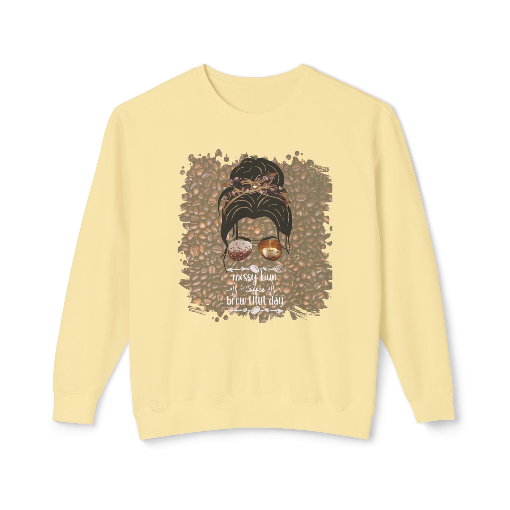 Coffee Heartbeat, Coffee Beans, Dark Hair Messy Bun, Unisex Lightweight Crewneck Sweatshirt