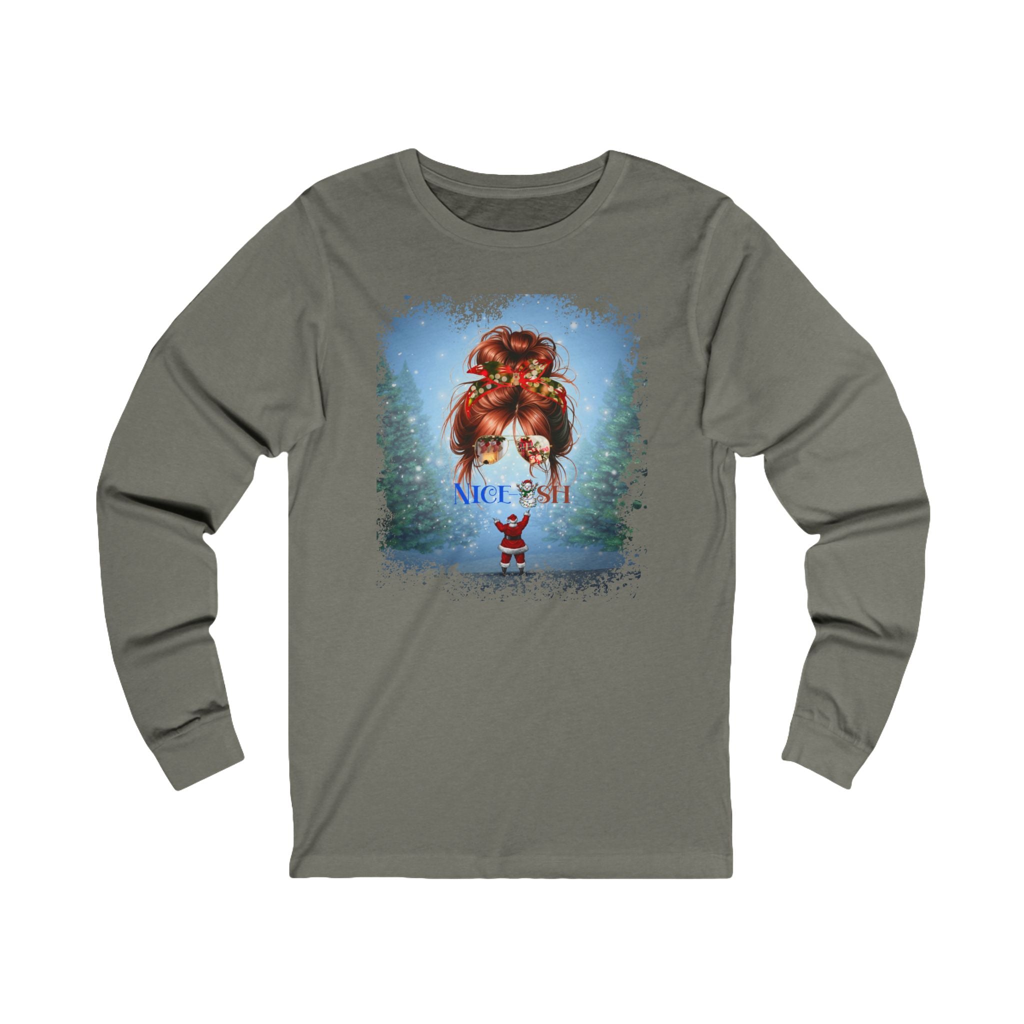 Nice-ish Santa, Red Hair Messy Bun, Unisex Jersey Long Sleeve Tee