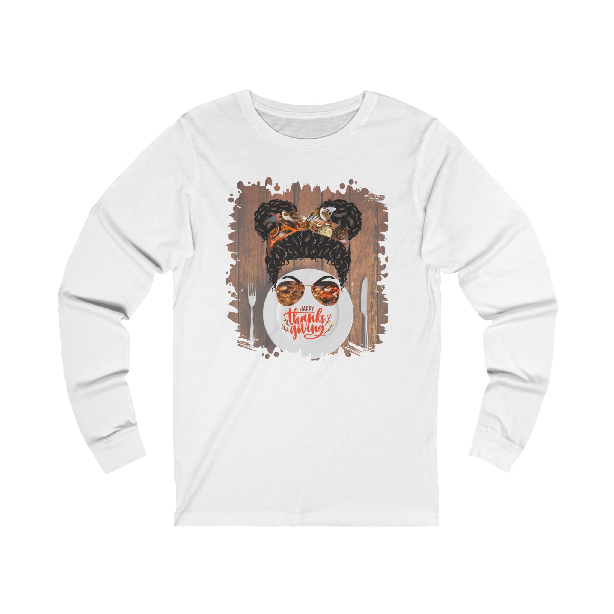 Happy Thanksgiving Plate Setting, Black Hair Messy Bun, Unisex Jersey Long Sleeve Tee