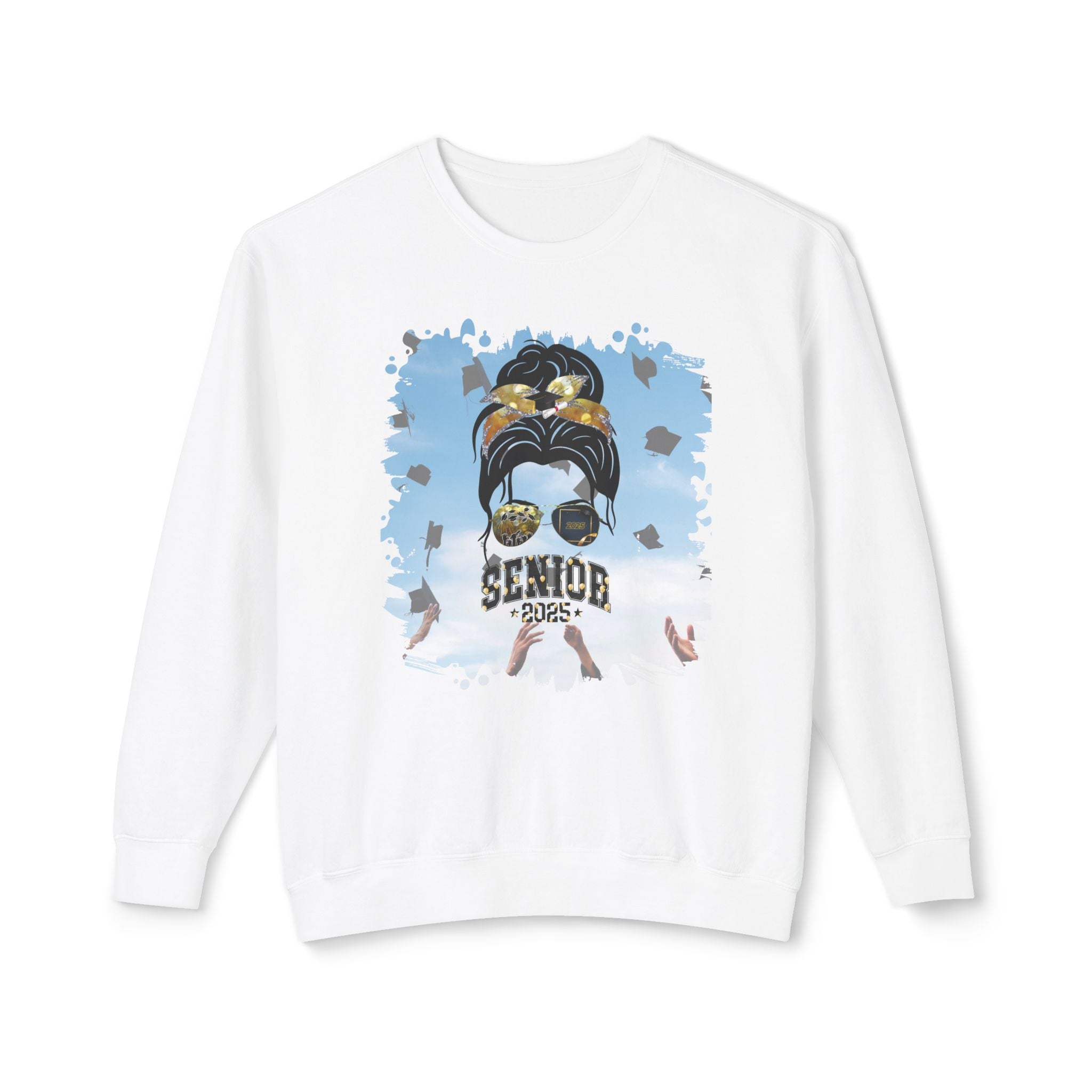 Senior 2025 Balloons, Celebration, Dark Hair Messy Bun, Unisex Lightweight Crewneck Sweatshirt