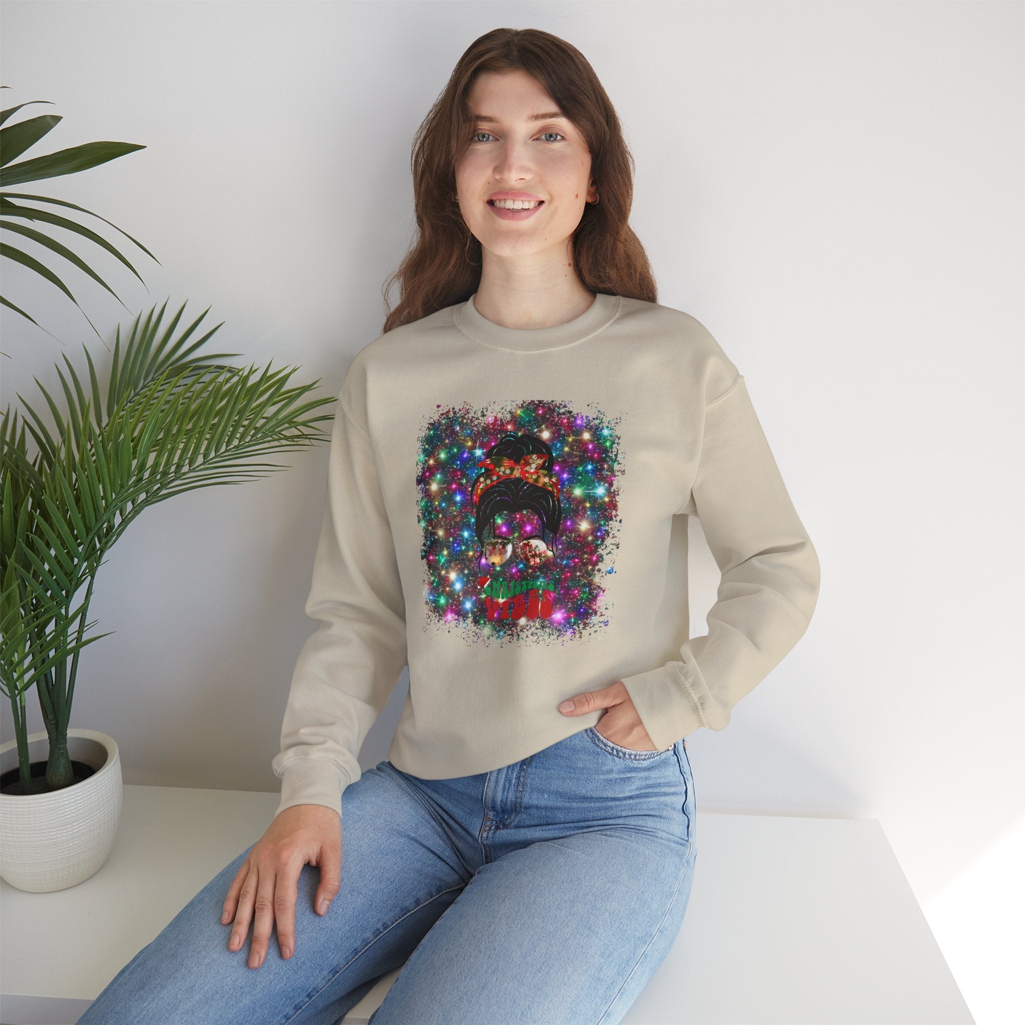 Christmas Vibes Christmas Lights, Dark Hair Messy Bun, Unisex Heavy Blend™ Crewneck Sweatshirt