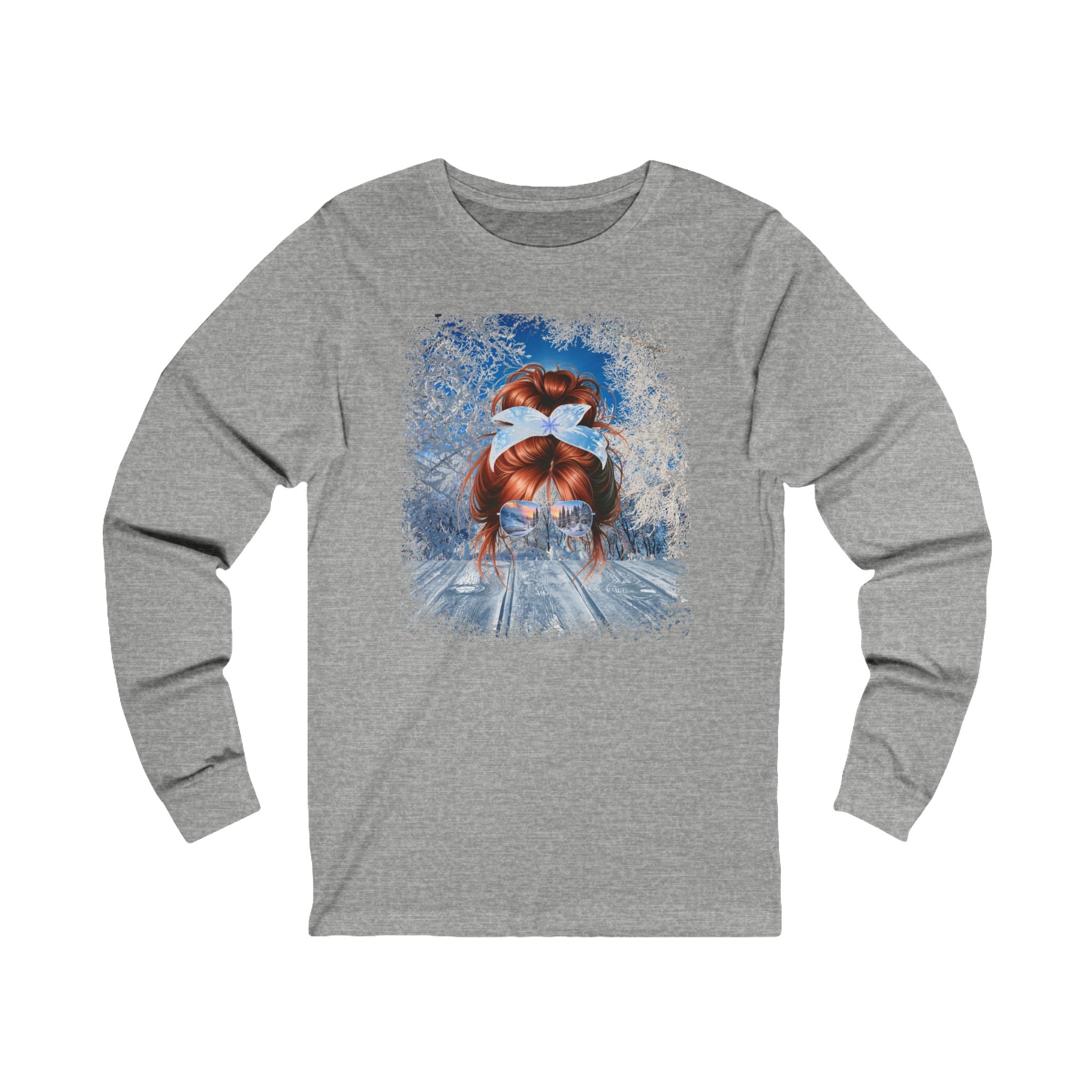 Winter Sunny Porch, Red Hair Messy Bun, Unisex Jersey Long Sleeve Tee