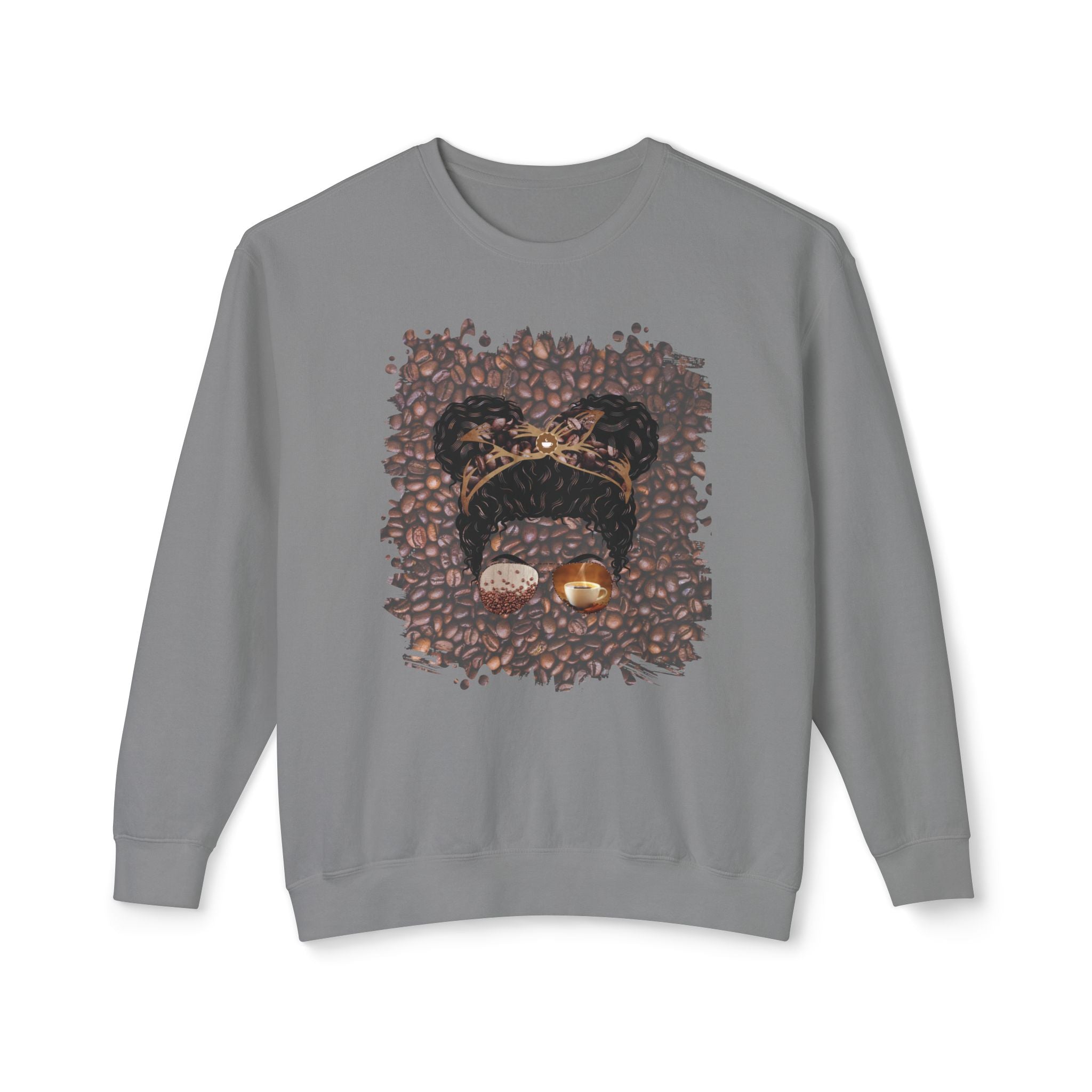 Coffee Beans, Black Hair Messy Bun, Unisex Lightweight Crewneck Sweatshirt