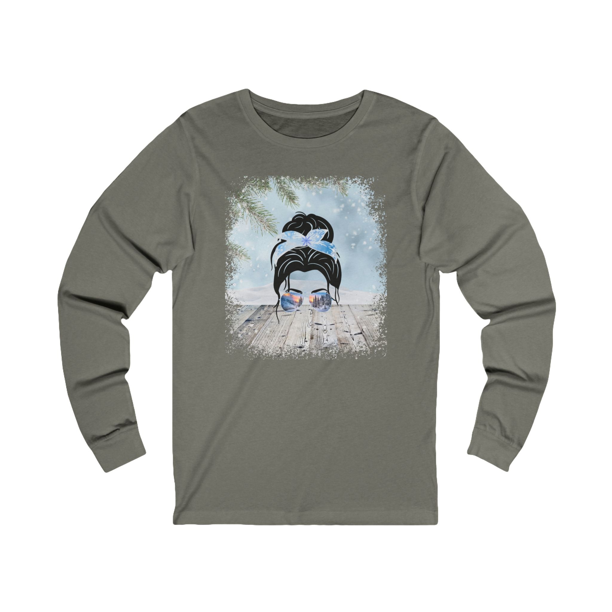 Winter Snowy Porch, Dark Hair Messy Bun, Unisex Jersey Long Sleeve Tee