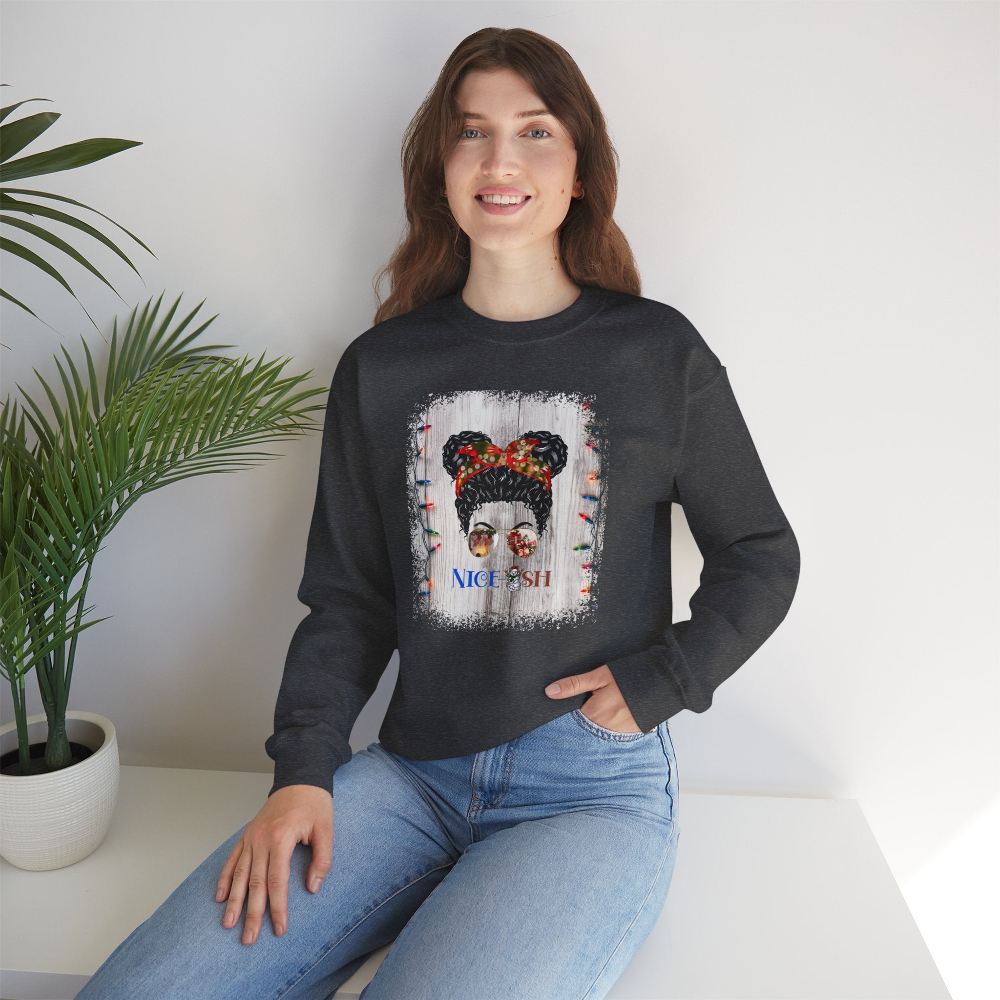 Nice-ish Christmas String Lights, Black Hair Messy Bun, Unisex Heavy Blend™ Crewneck Sweatshirt