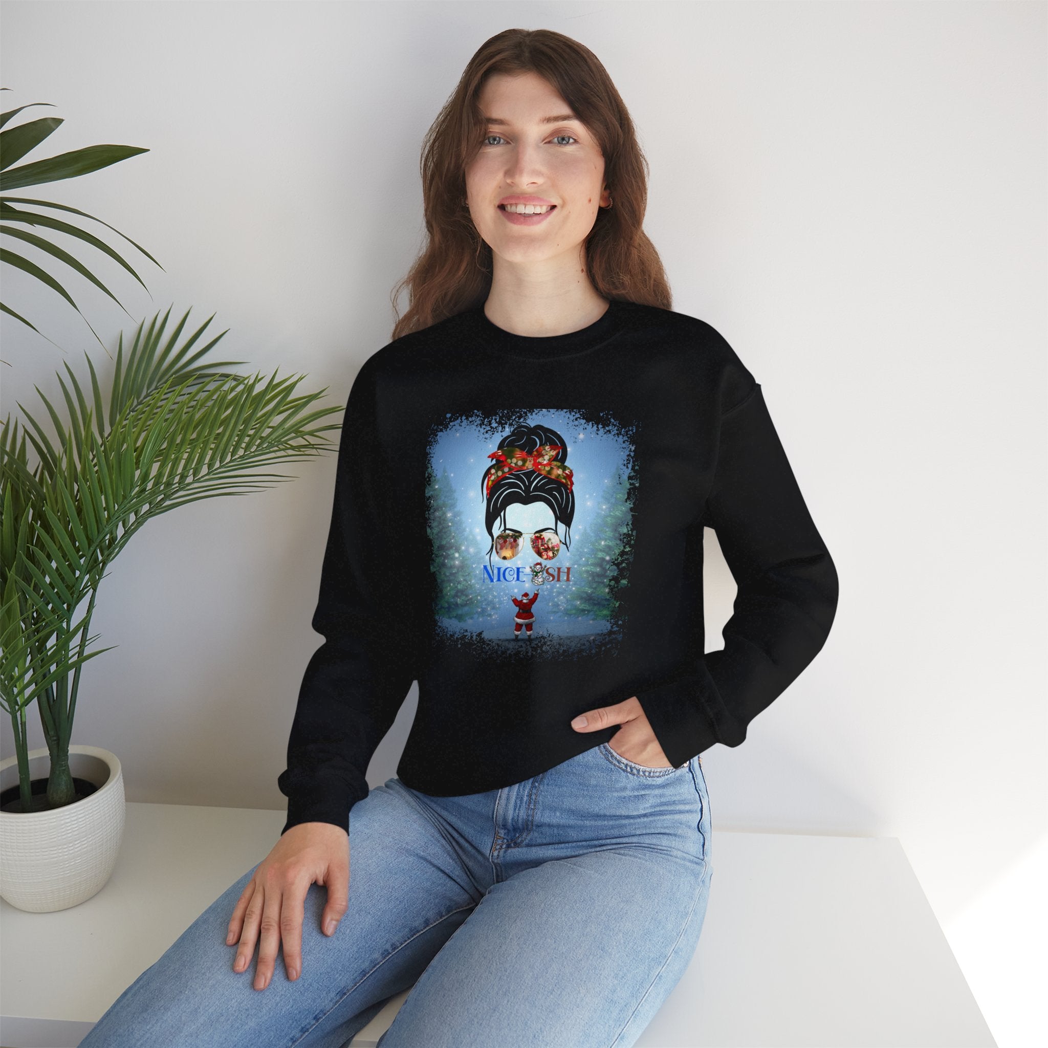 Nice-ish Santa, Dark Hair Messy Bun, Unisex Heavy Blend™ Crewneck Sweatshirt