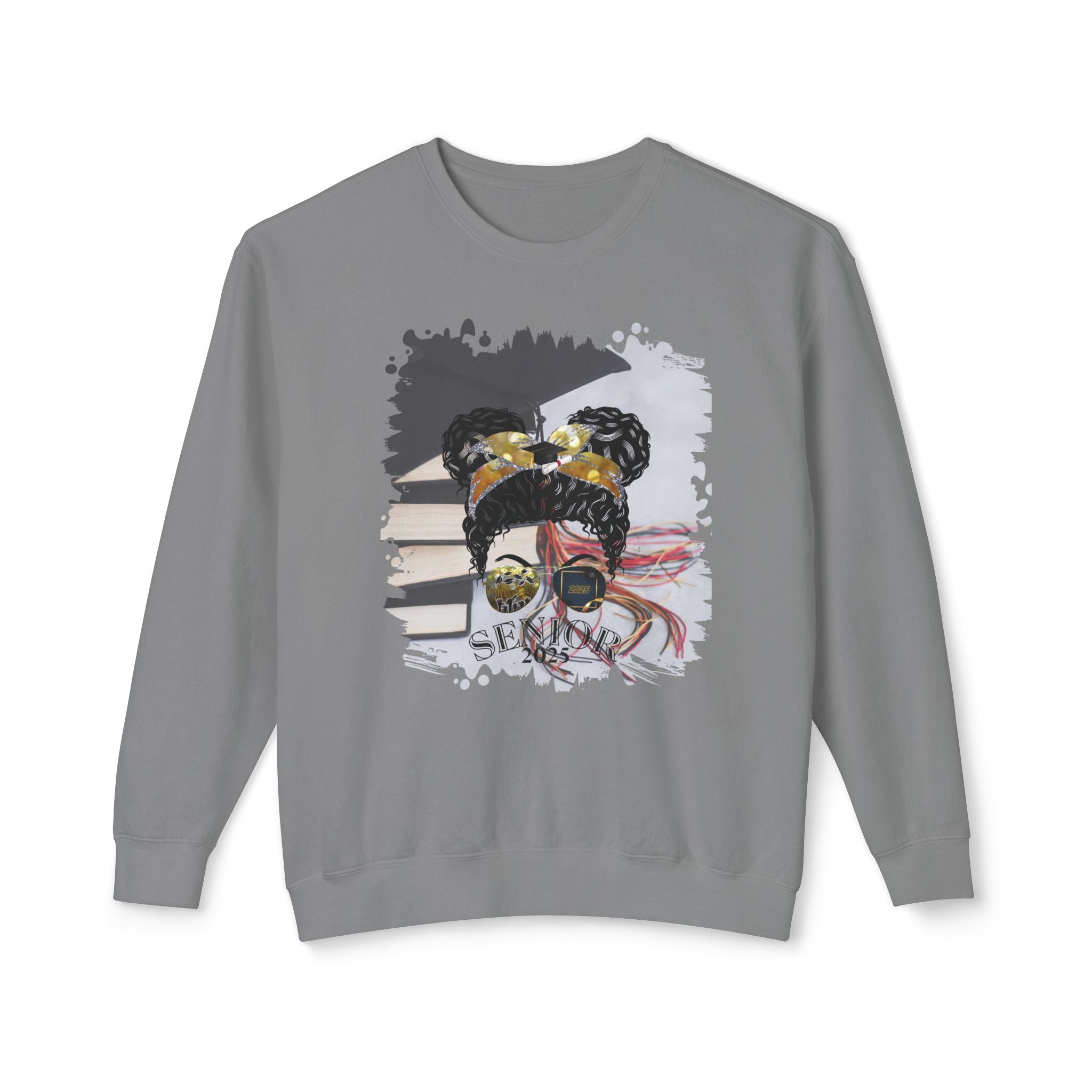 Senior 2025, Cap & Books, Black Hair Messy Bun, Unisex Lightweight Crewneck Sweatshirt