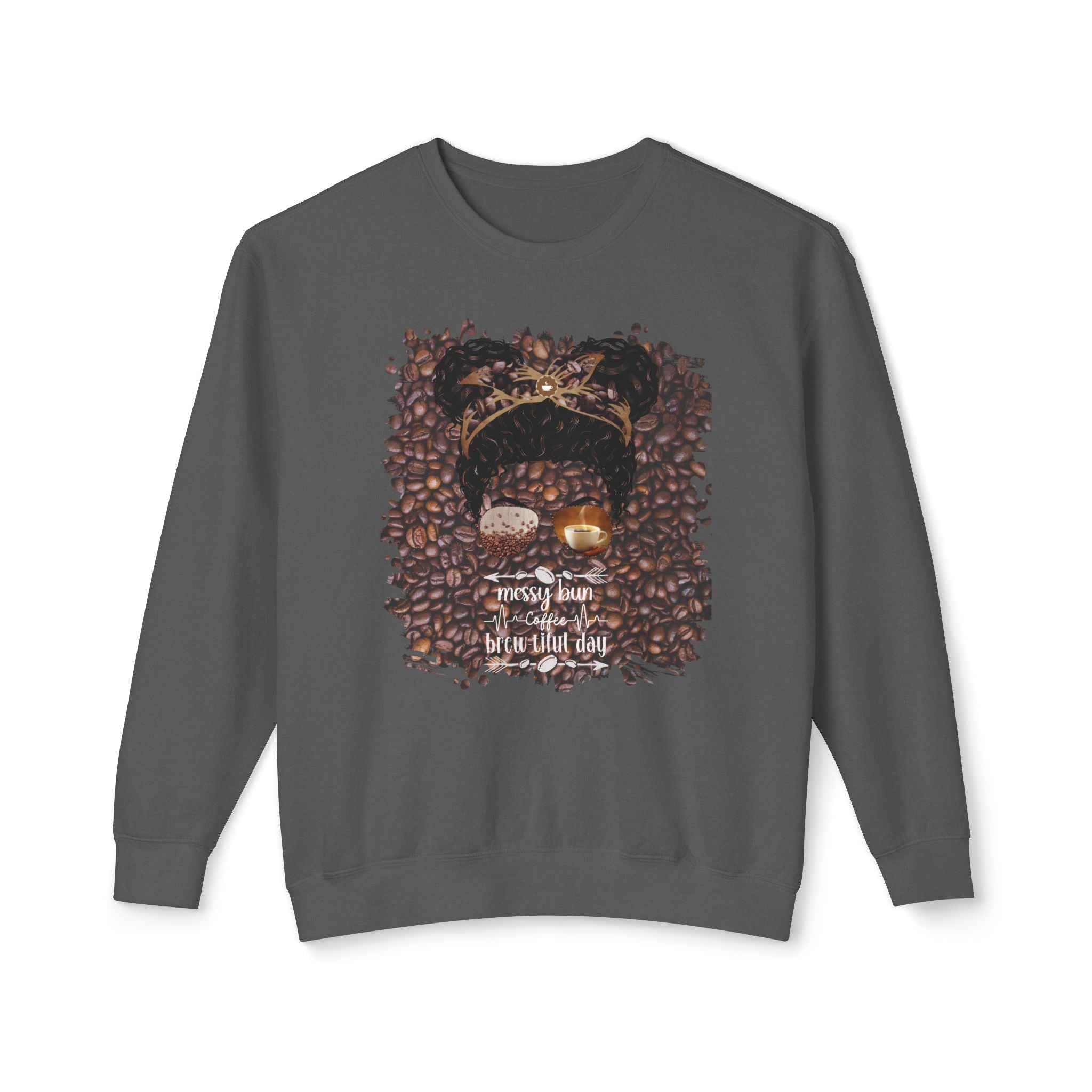 Coffee Heartbeat, Coffee Beans, Black Hair Messy Bun, Unisex Lightweight Crewneck Sweatshirt